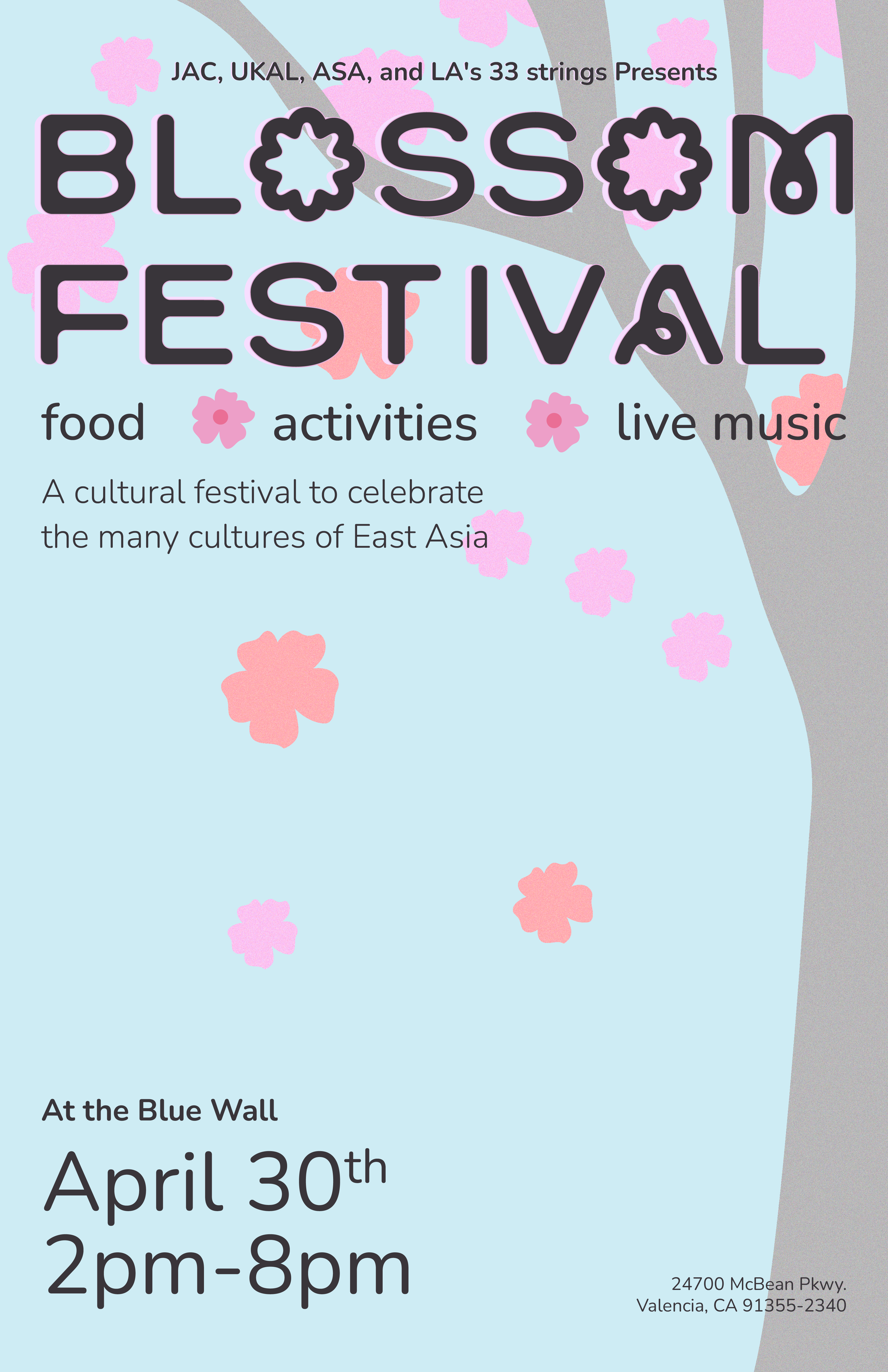 Poster for the Blossom Festival featuring pink cherry blossoms and event details on a light blue background.