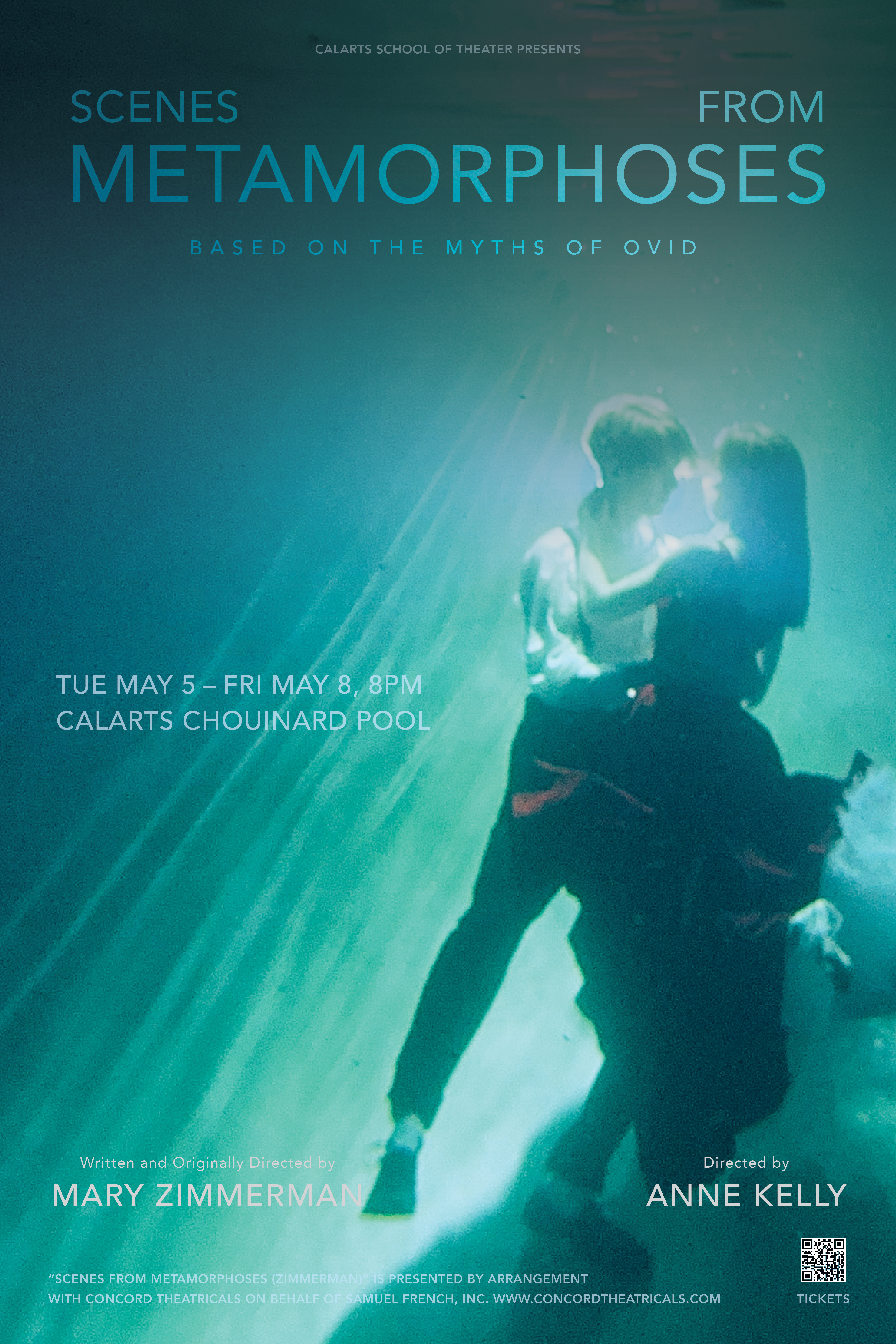 Poster for "Scenes from Metamorphoses," showing two people embracing underwater, with event details from the CalArts School of Theater.