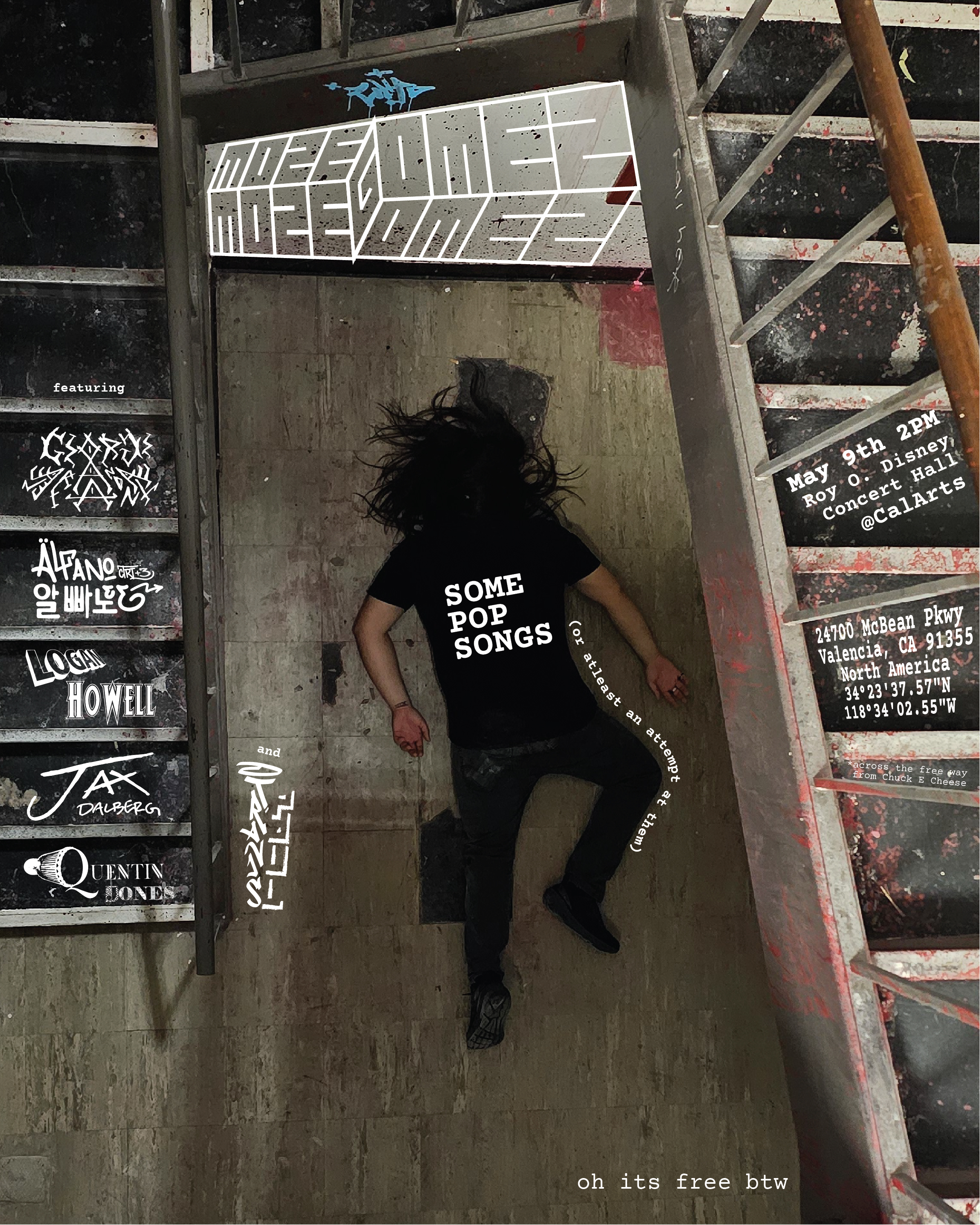 Person in a black t-shirt with "SOME POP SONGS" lying between two staircases with event details.