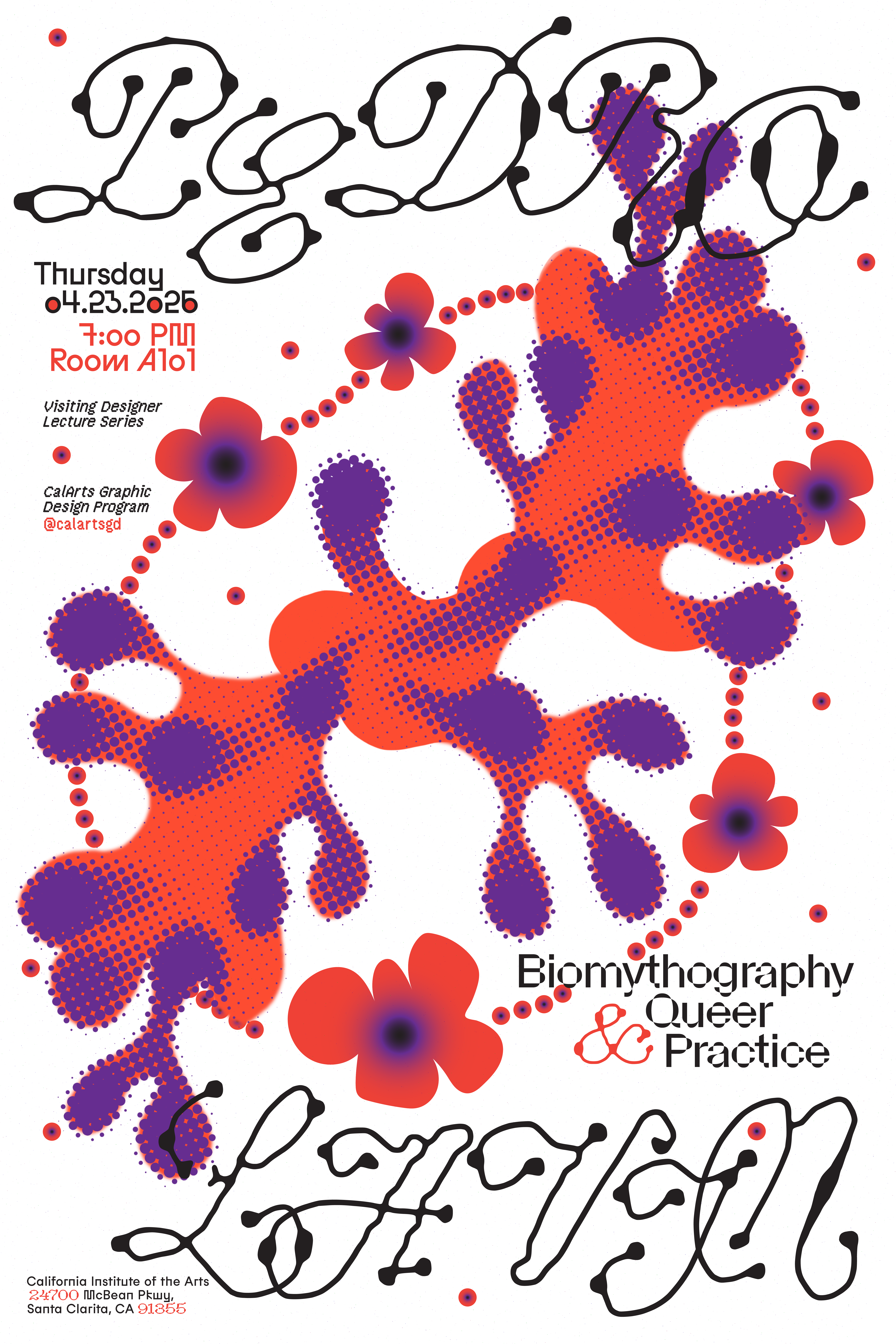 A vibrant poster with red and purple abstract shapes, stylized text, and event details on a white background.