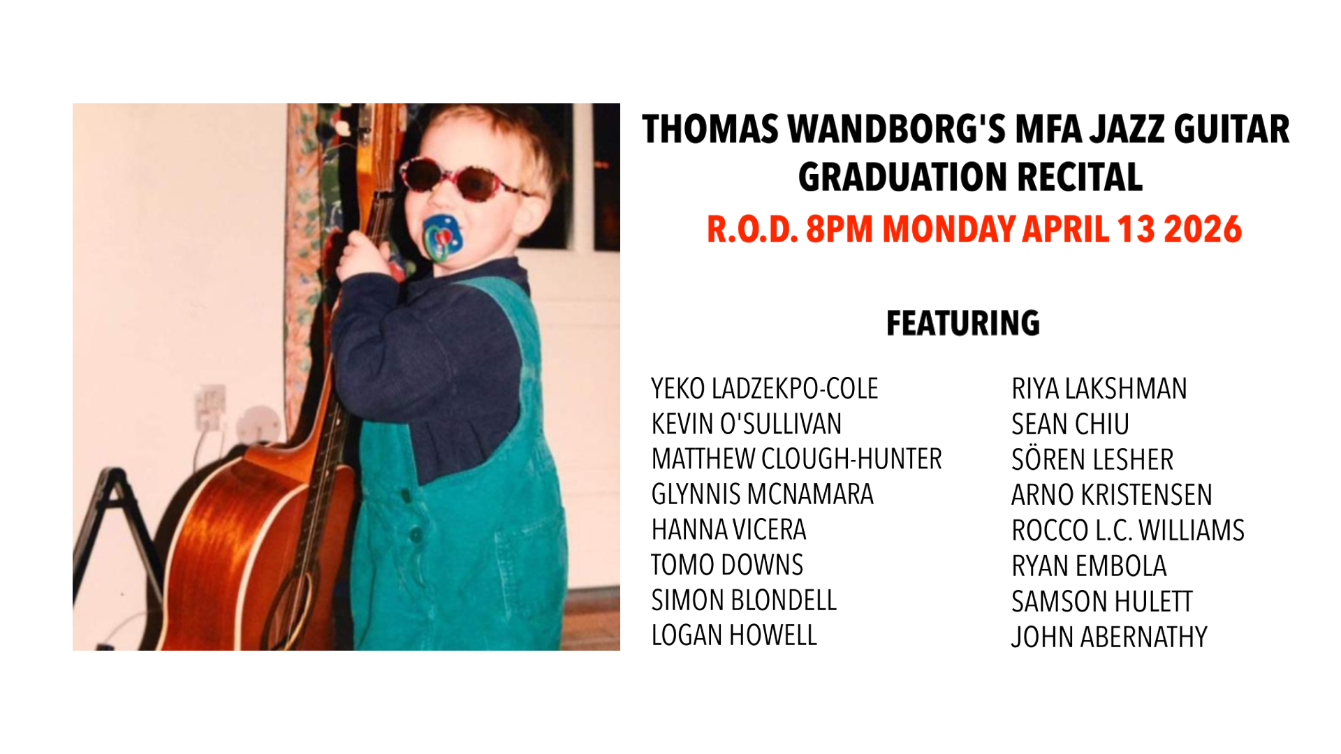 Child with sunglasses holding a guitar, next to text about a jazz recital.