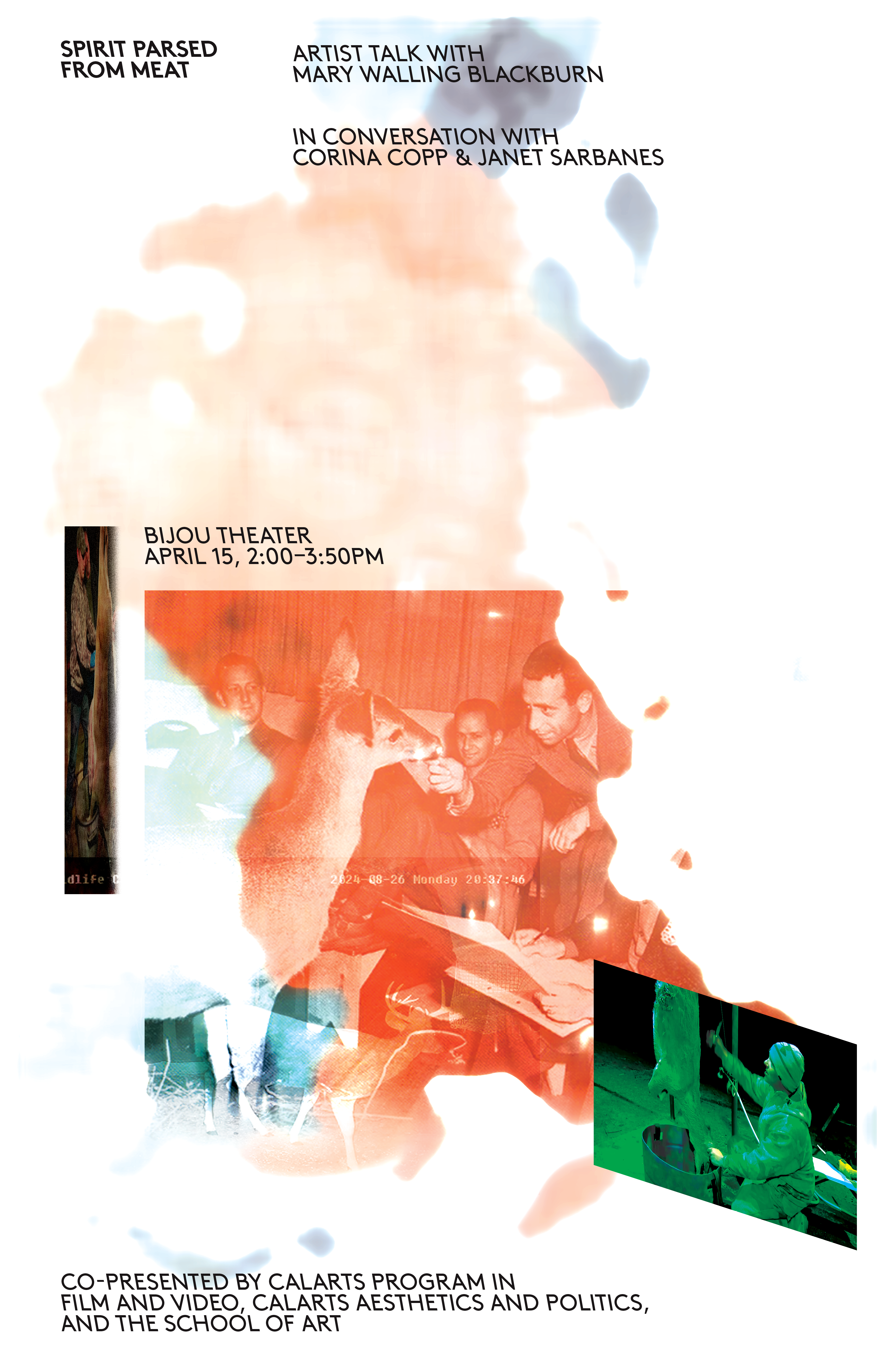 Poster for an art event featuring text and abstract watercolor designs, with photographs of people and a deer.