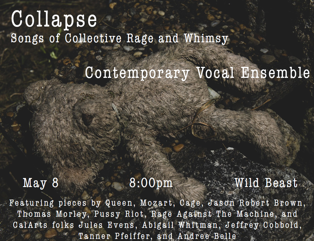 A neglected teddy bear on pebbled ground with text about a musical event.