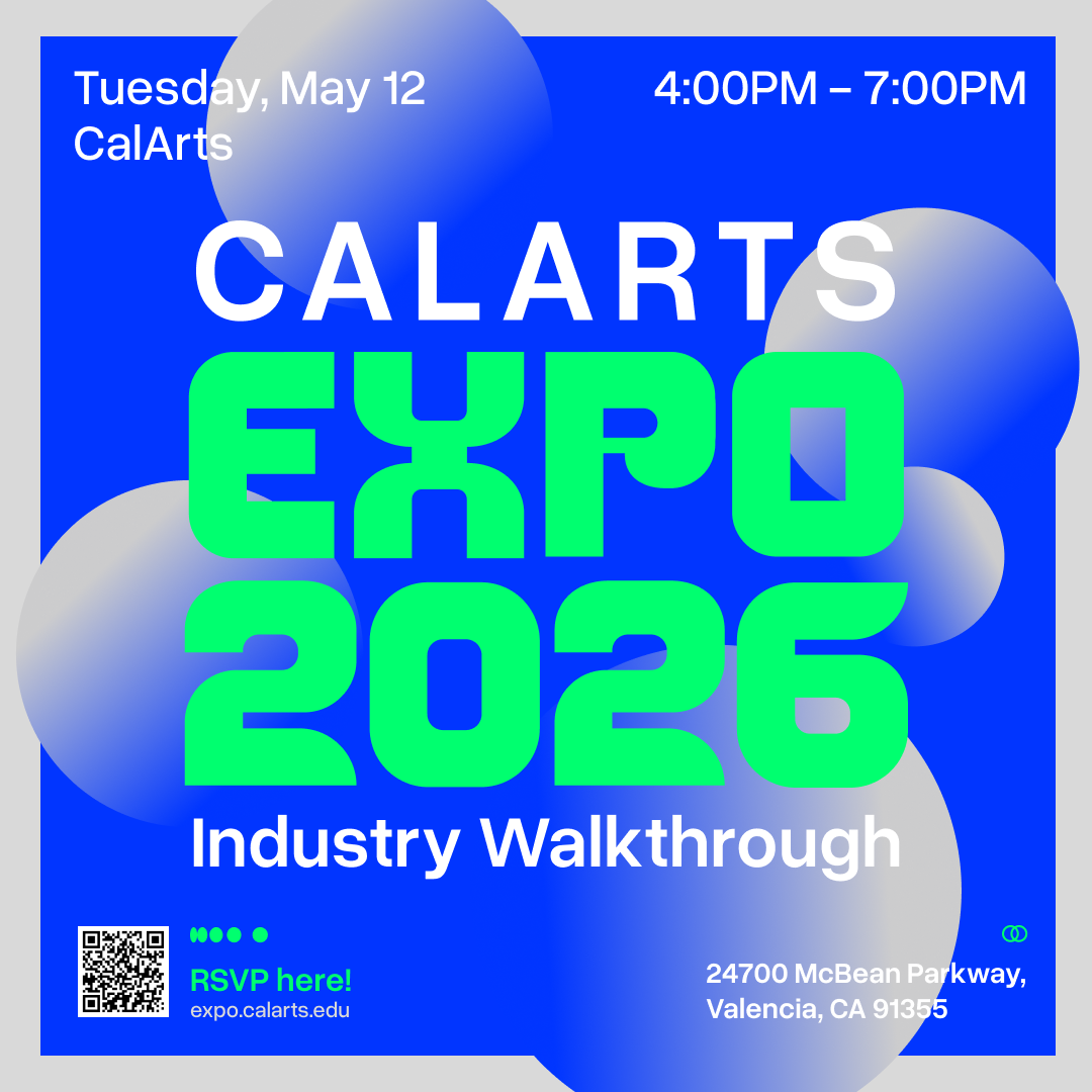 Promotional graphic for CalArts Expo 2026, featuring event details on a blue background with abstract shapes.