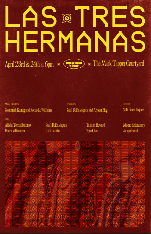 Promotional poster for "Las Tres Hermanas" with event details in bold yellow and white text on a red background.