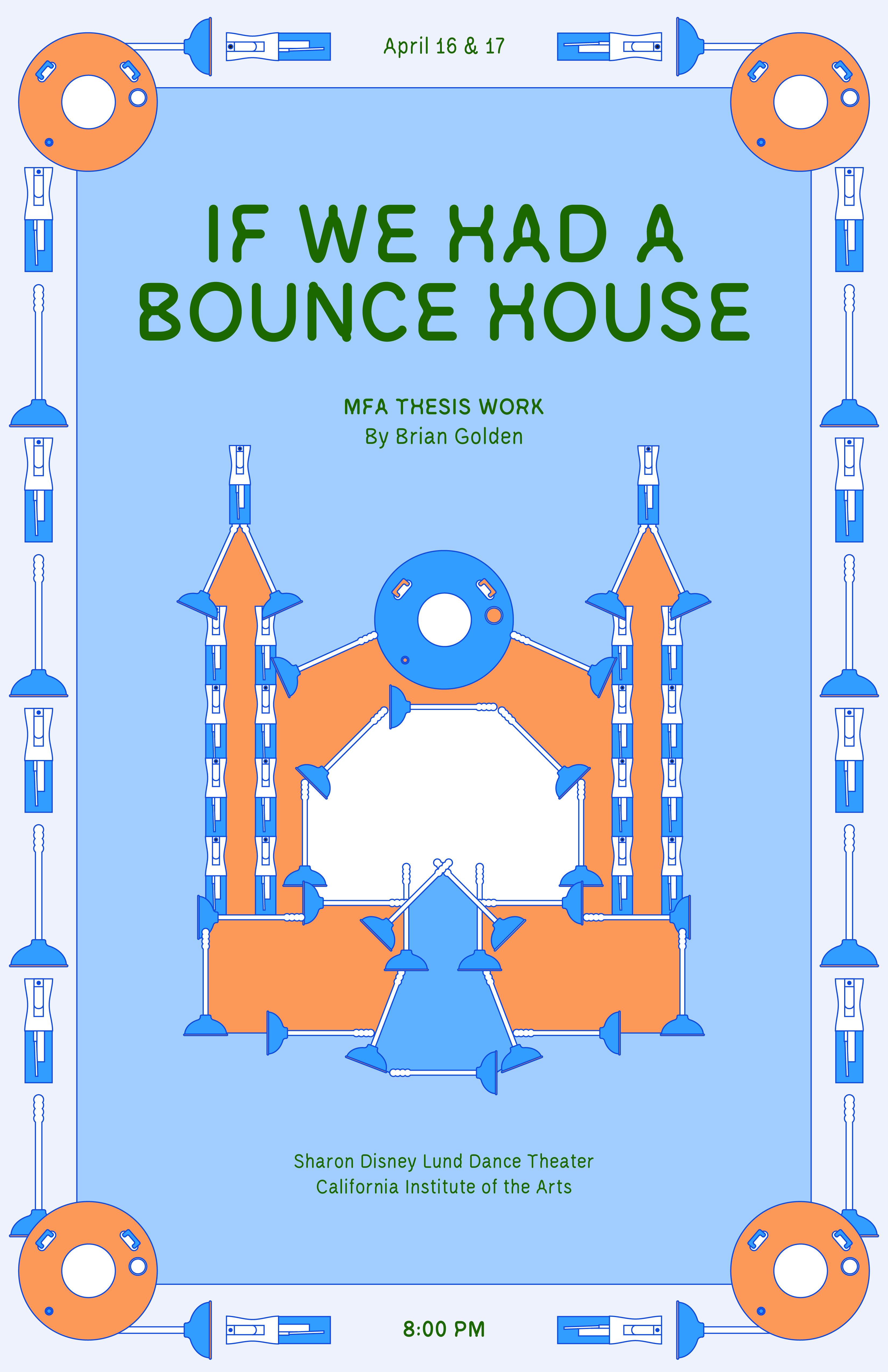 Poster for "If We Had a Bounce House," featuring geometric designs in blue and orange with event details.