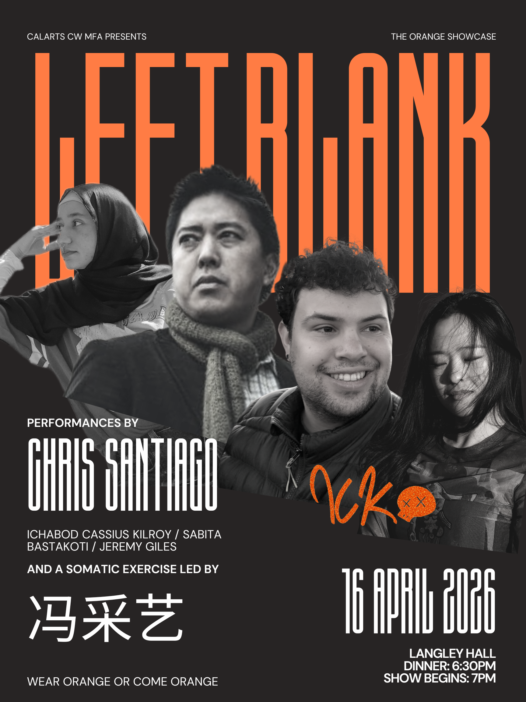 Poster for "LEFT BLANK" event with portraits and event details on a black background with orange text.