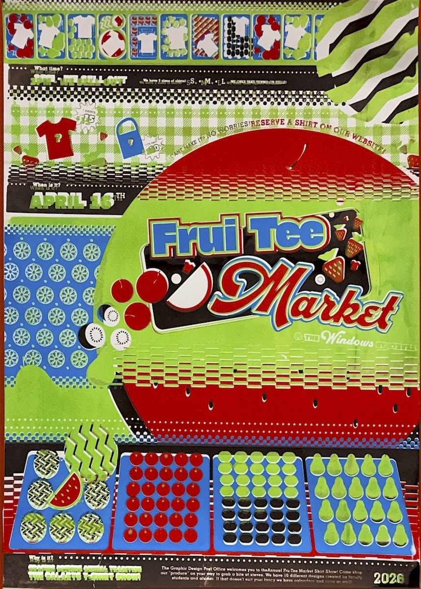 A colorful poster promoting the "Frui Tee Market" featuring fruit-themed graphics and vibrant colors.