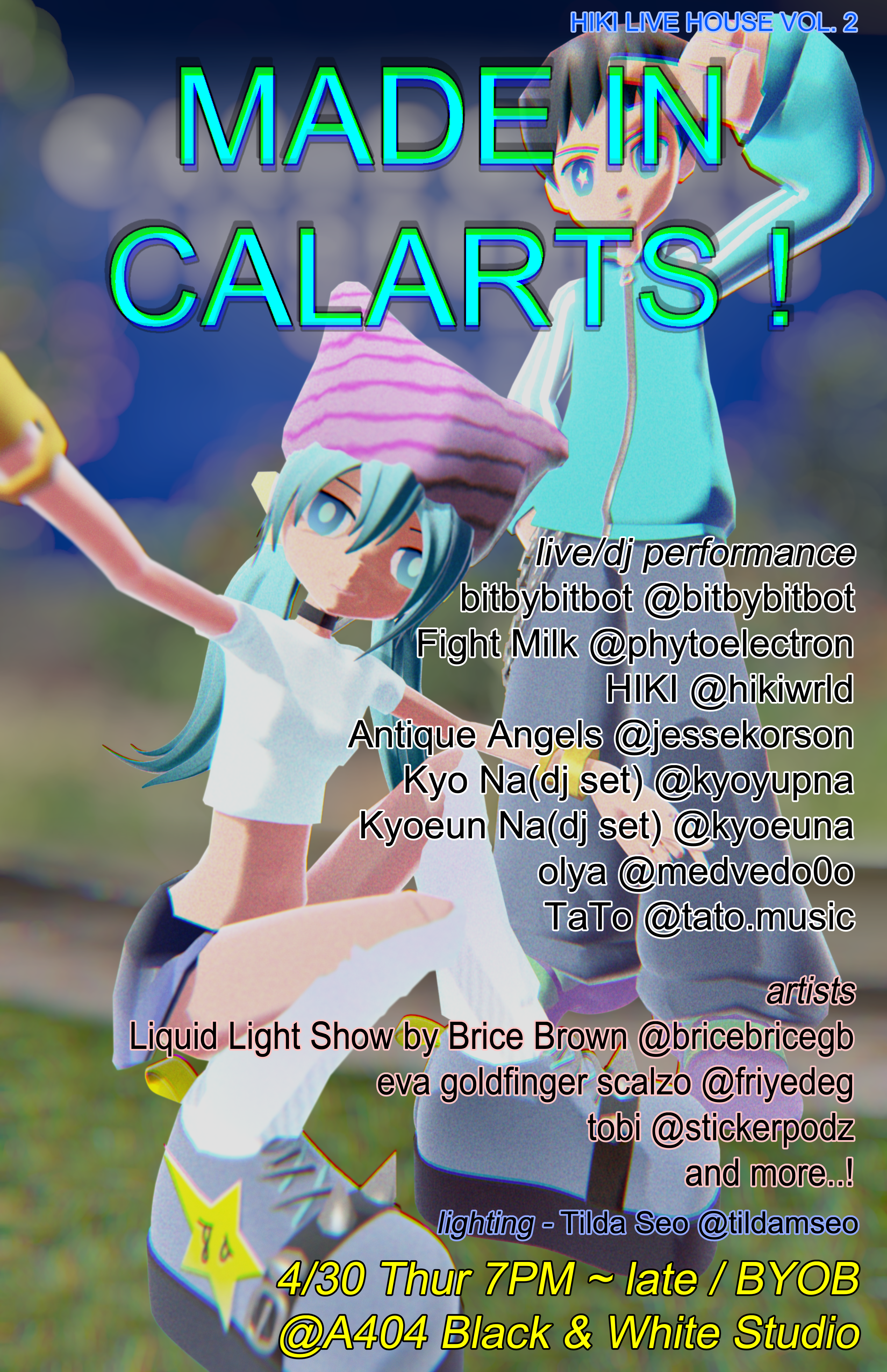 Animated characters with promotional text for a live performance and light show.