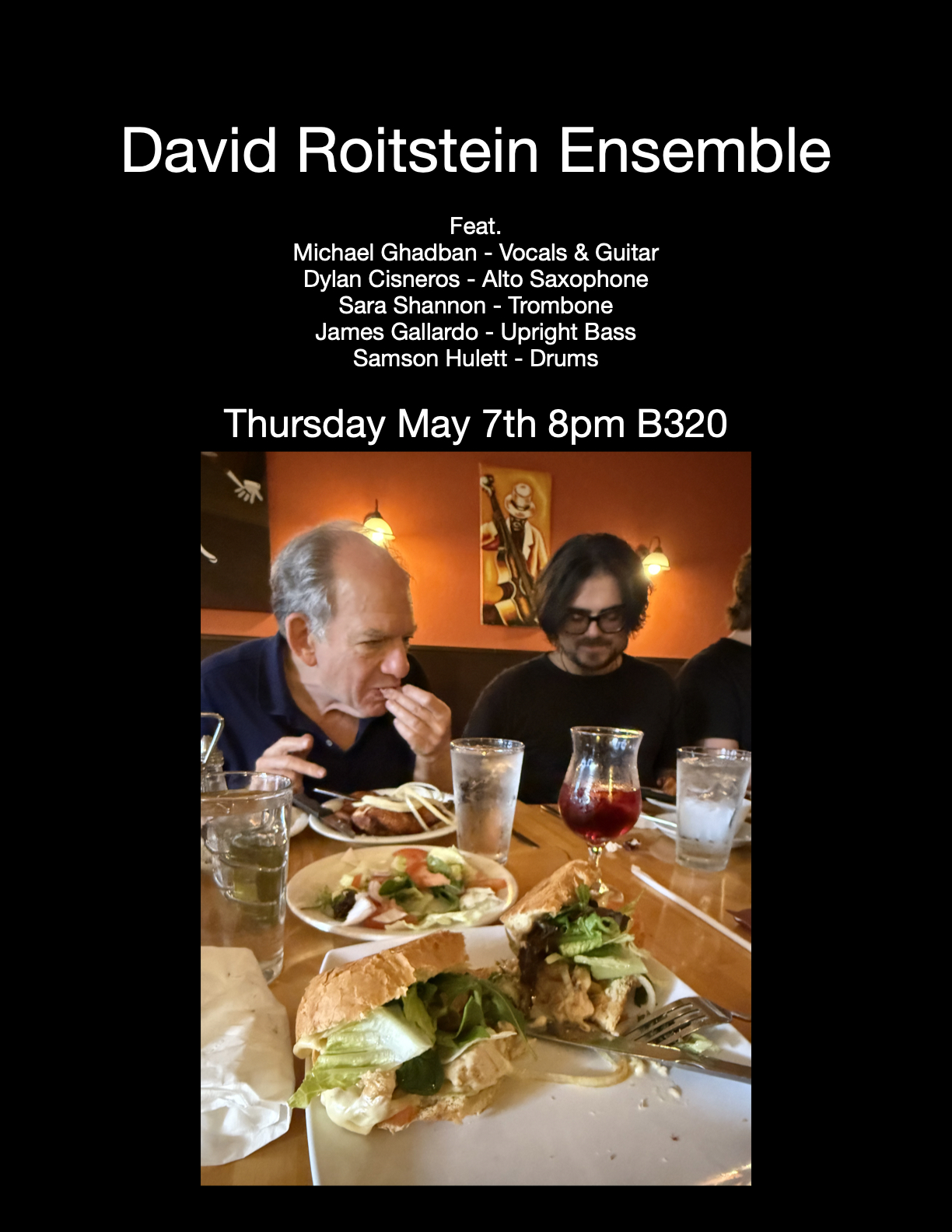 Promotional poster for the David Roitstein Ensemble event with an image of two men dining at a restaurant.