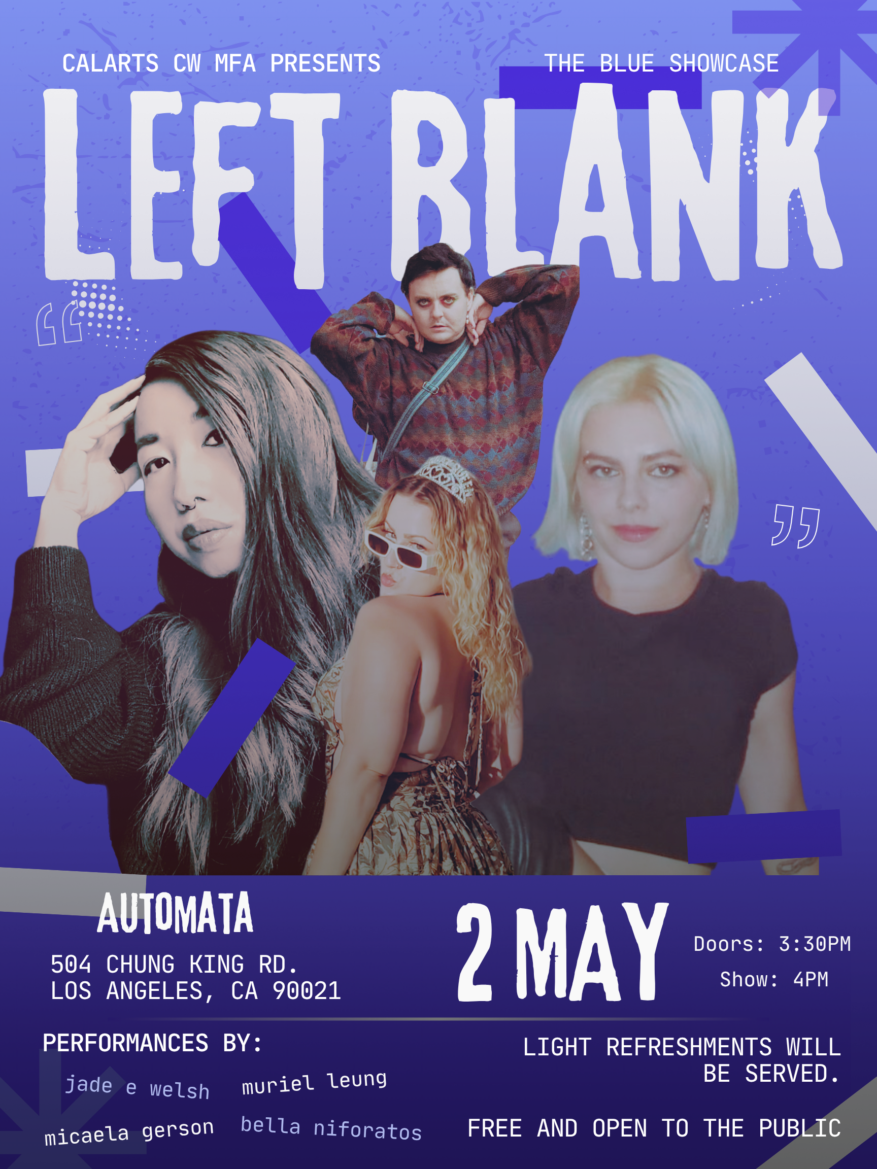 Poster promoting the "Left Blank" event on 2 May in Los Angeles with images of four people and event details.
