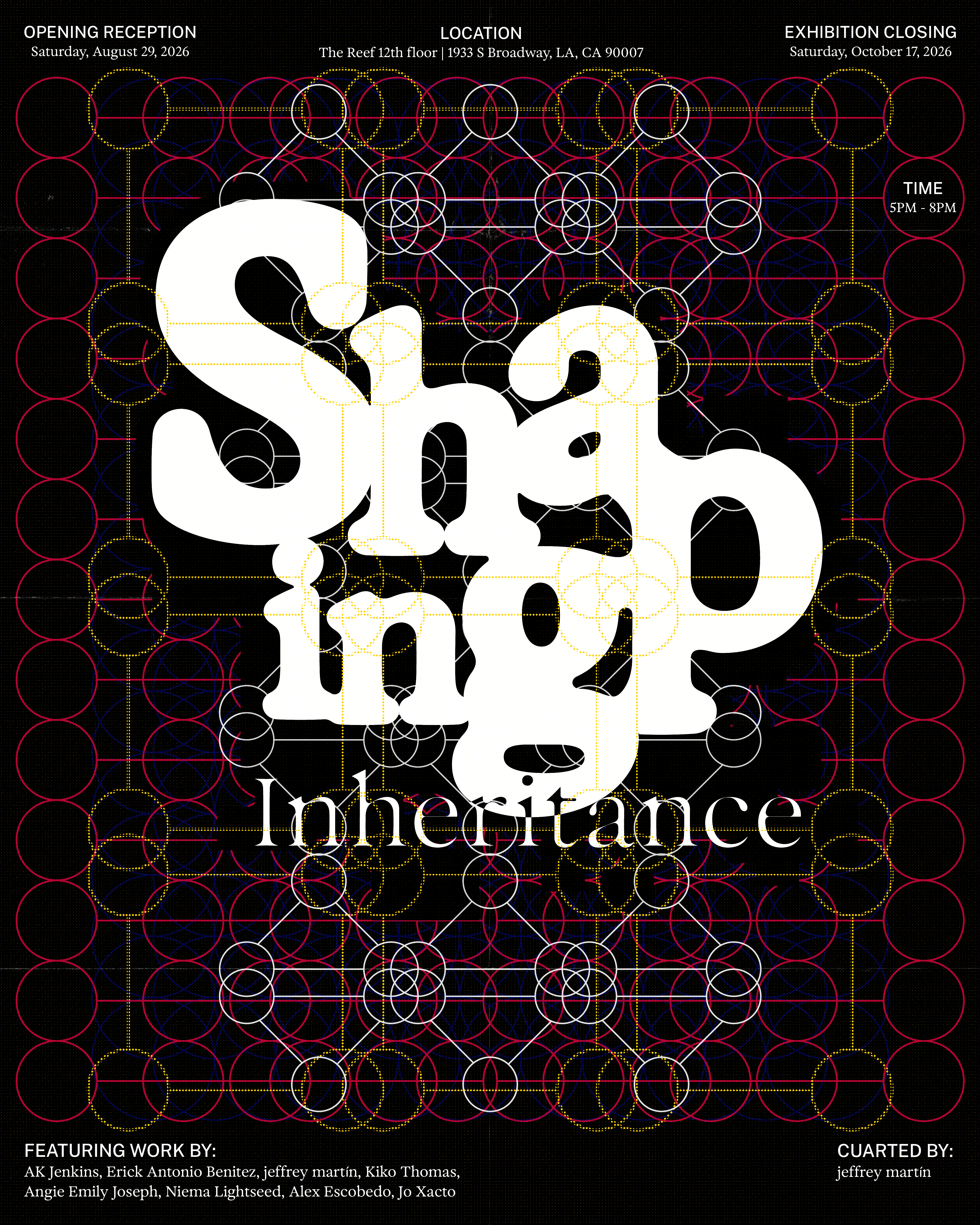 Promotional poster for the "Shaping Inheritance" exhibition featuring bold text and colorful geometric patterns on a black background, including event details.
