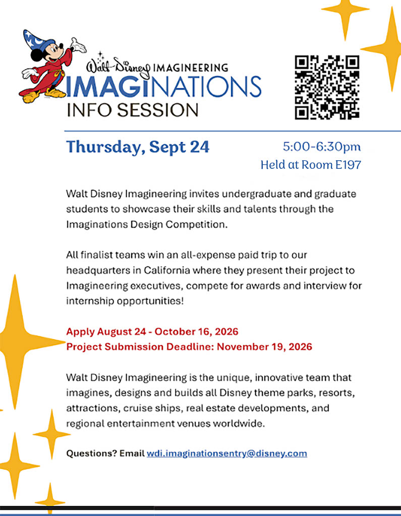 Walt Disney Imagineering Imaginations information-session flyer with Mickey Mouse, event details, competition information, deadlines, a QR code, and contact email.
