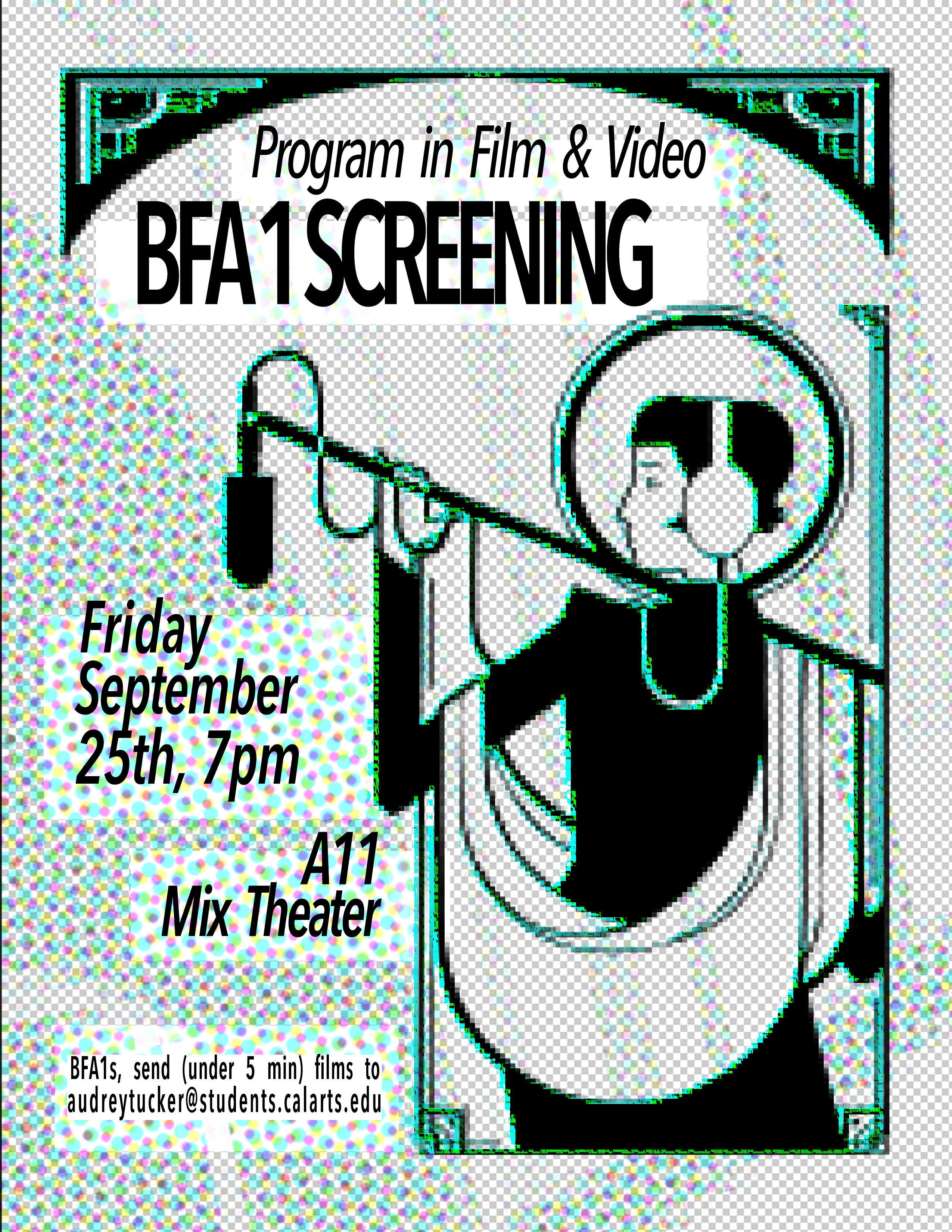 Poster for a Program in Film & Video BFA1 screening on Friday, September 25th, at 7 p.m. in A11 Mix Theater, featuring a vintage film camera illustration.