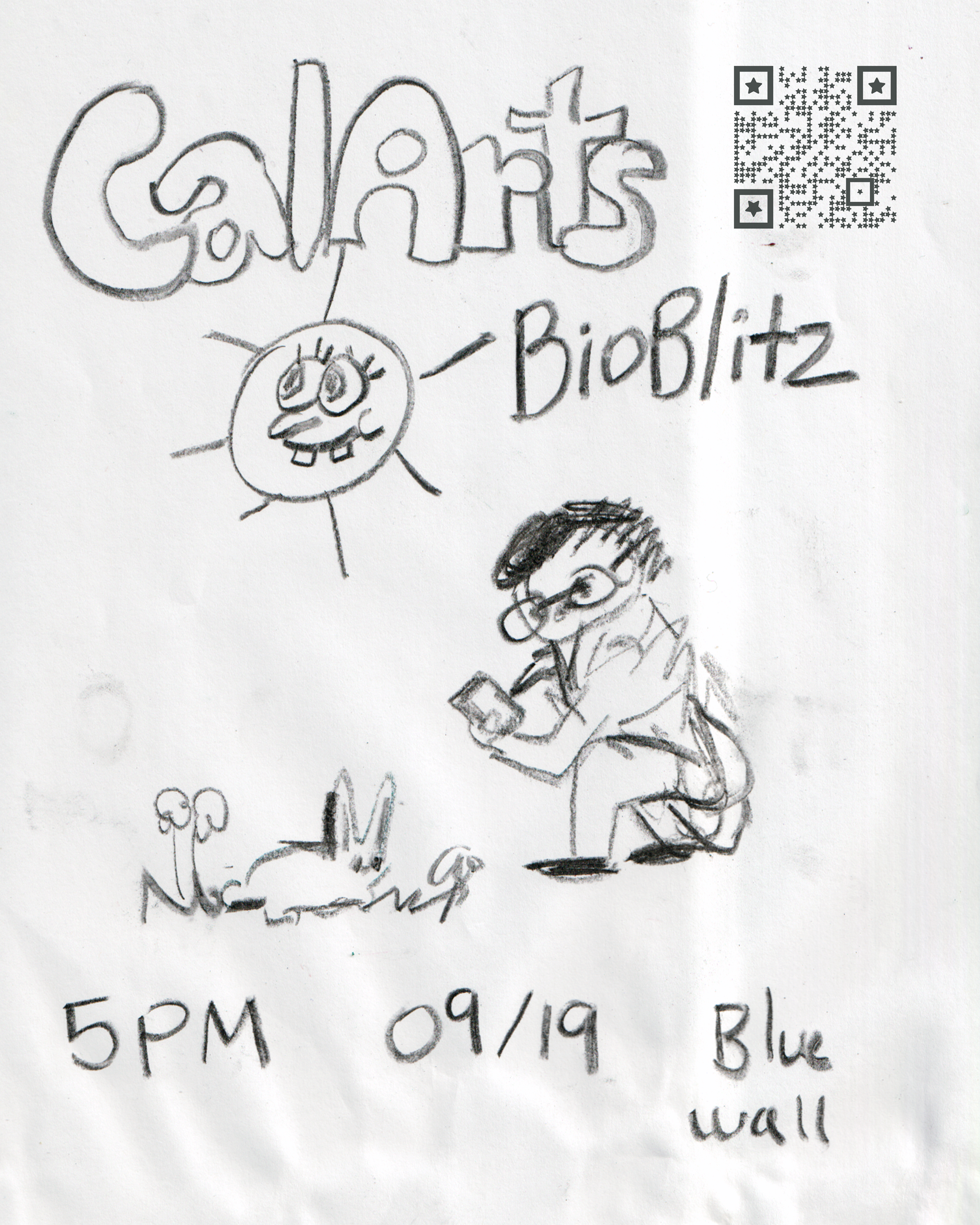 Hand-drawn “Goblins BioBlitz” event flyer with a QR code, cartoon science-themed figures, and the details “5PM,” “09/19,” and “Blue wall.”