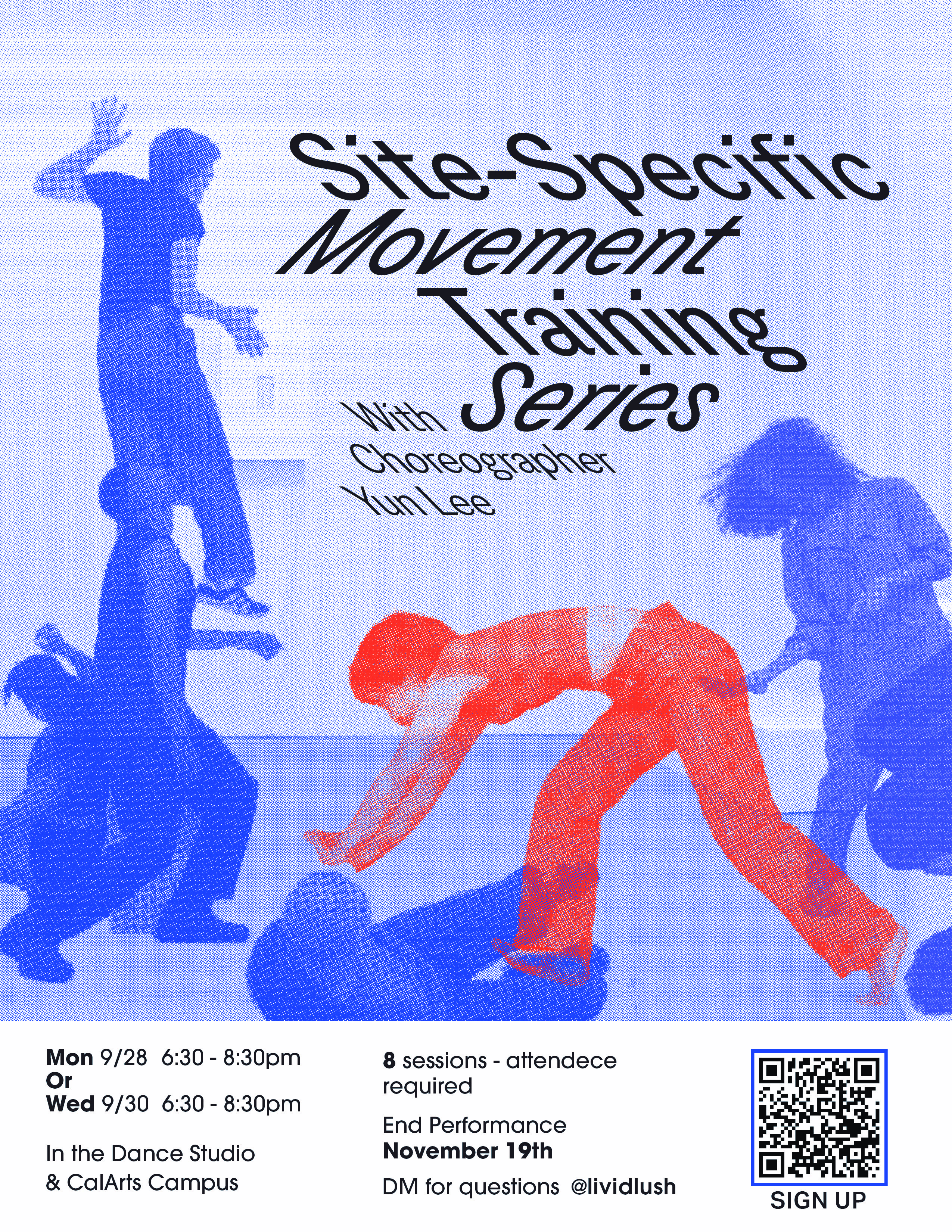 Promotional poster for “Site-Specific Movement Training” with colorful dancer silhouettes, event details, and a QR code for sign-up.