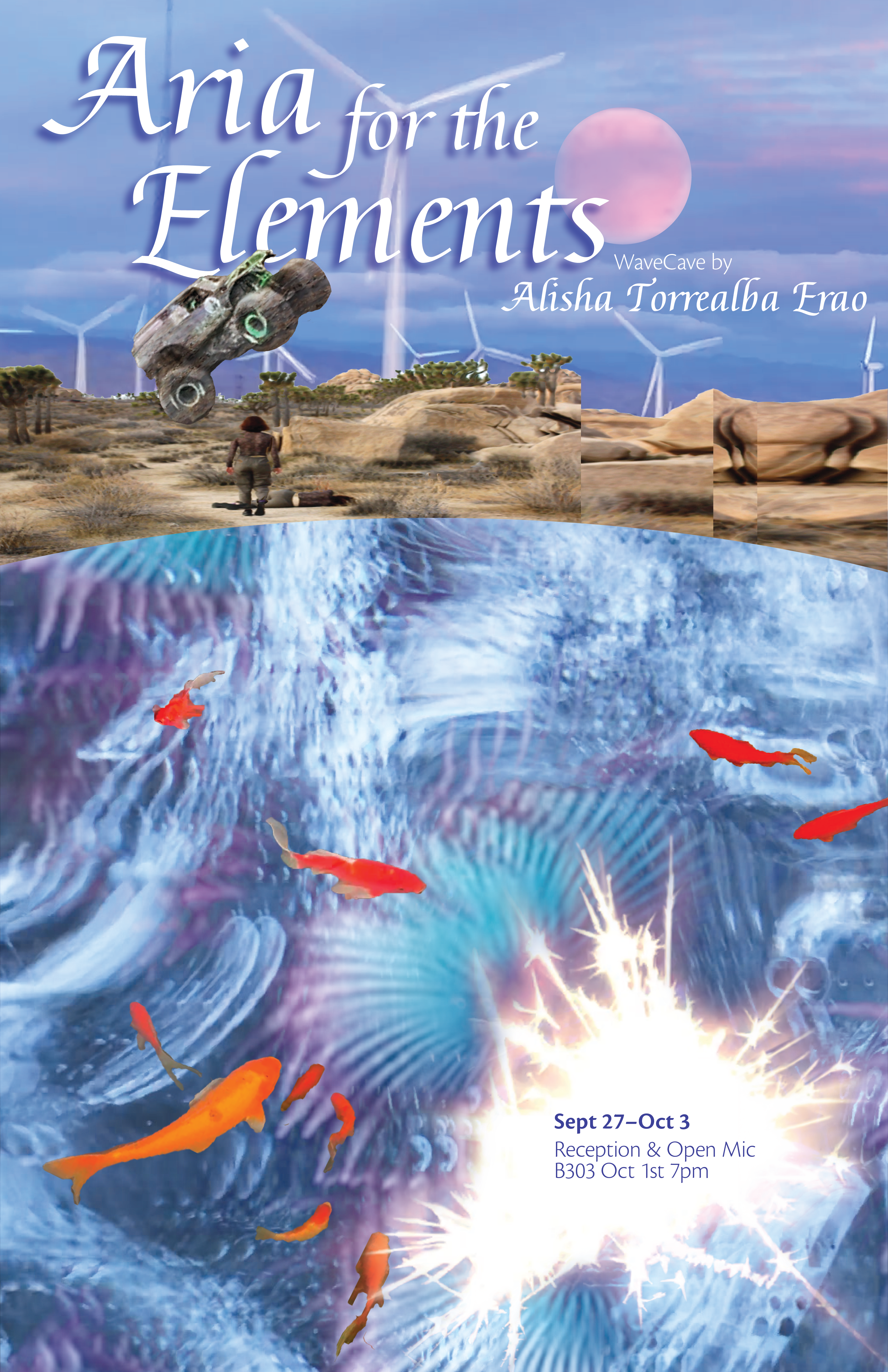 Surreal event poster featuring a wind-turbine desert landscape above swirling underwater imagery with orange fish and bright light bursts.