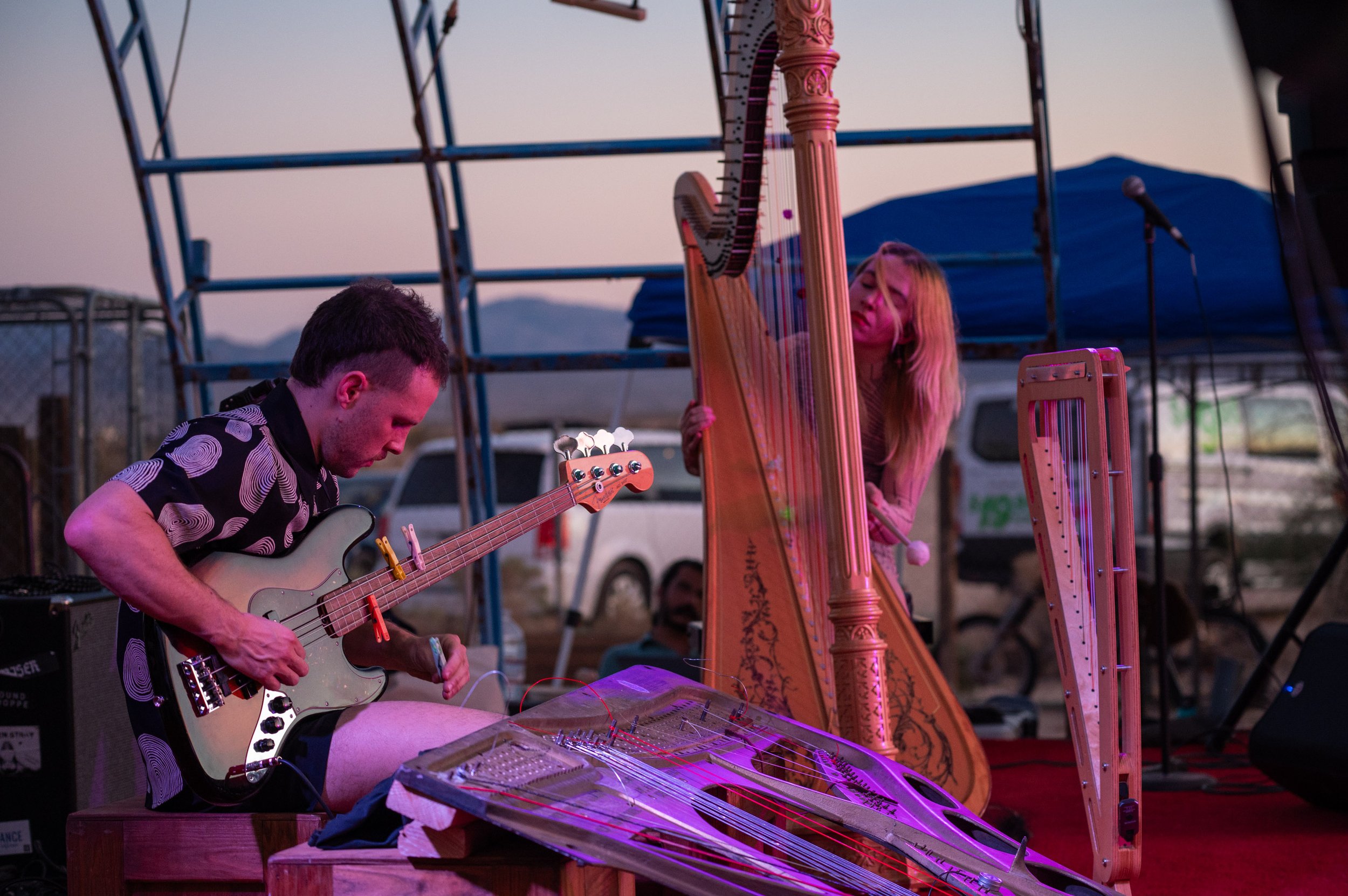 Musicians perform outdoors at dusk, with a seated bassist, a harpist, and several large stringed instruments illuminated by purple and pink stage lights.