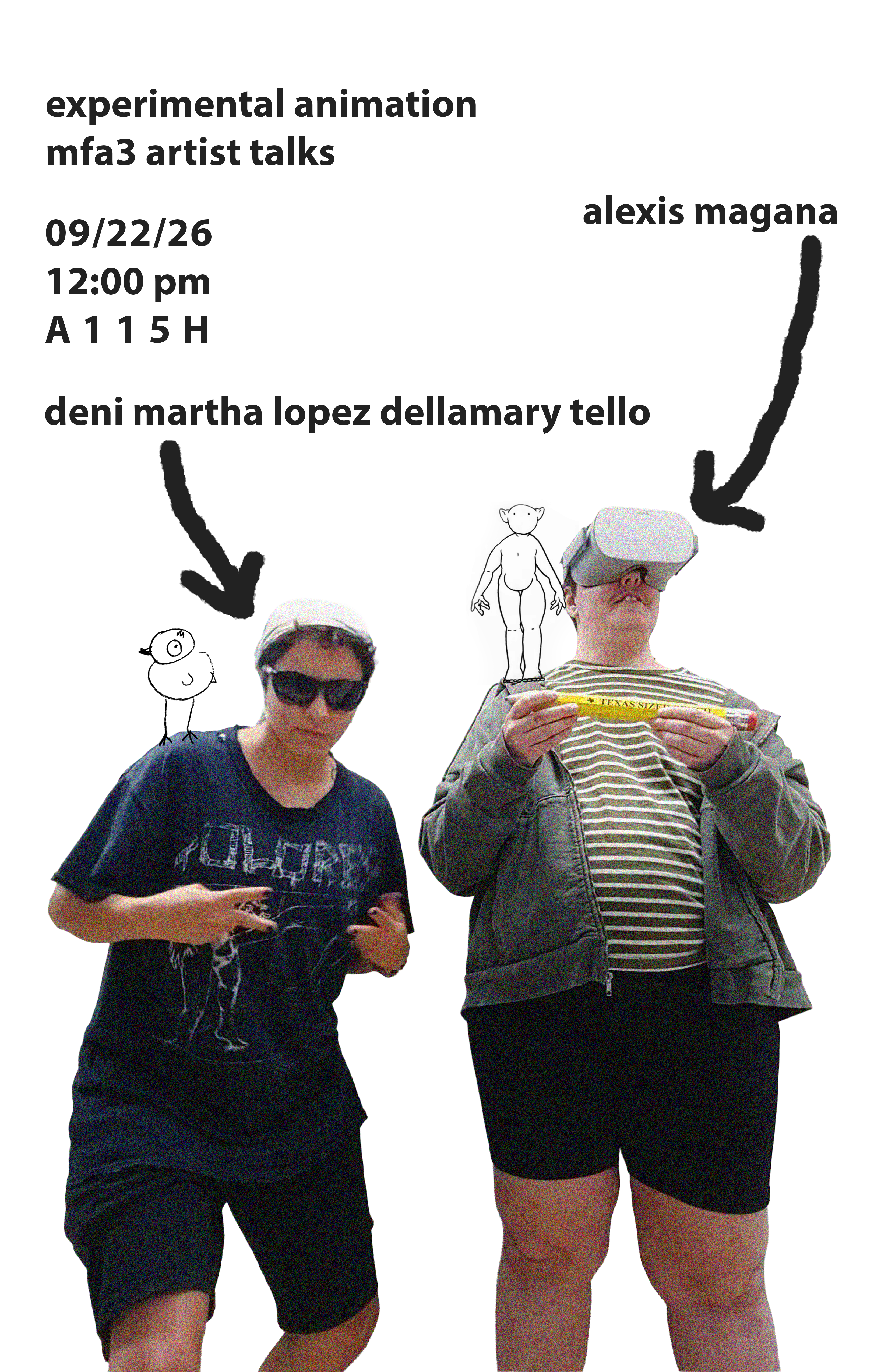 Promotional poster for an experimental animation MFA3 artist talk featuring two people, one wearing sunglasses and one wearing a virtual-reality headset, with hand-drawn arrows and cartoon figures.