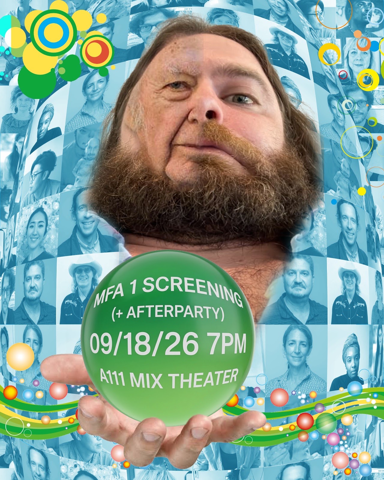 Promotional graphic with a bearded man holding a green sphere that announces an MFA 1 screening and afterparty on 09/18/26 at 7 PM in A111 MIX Theater.