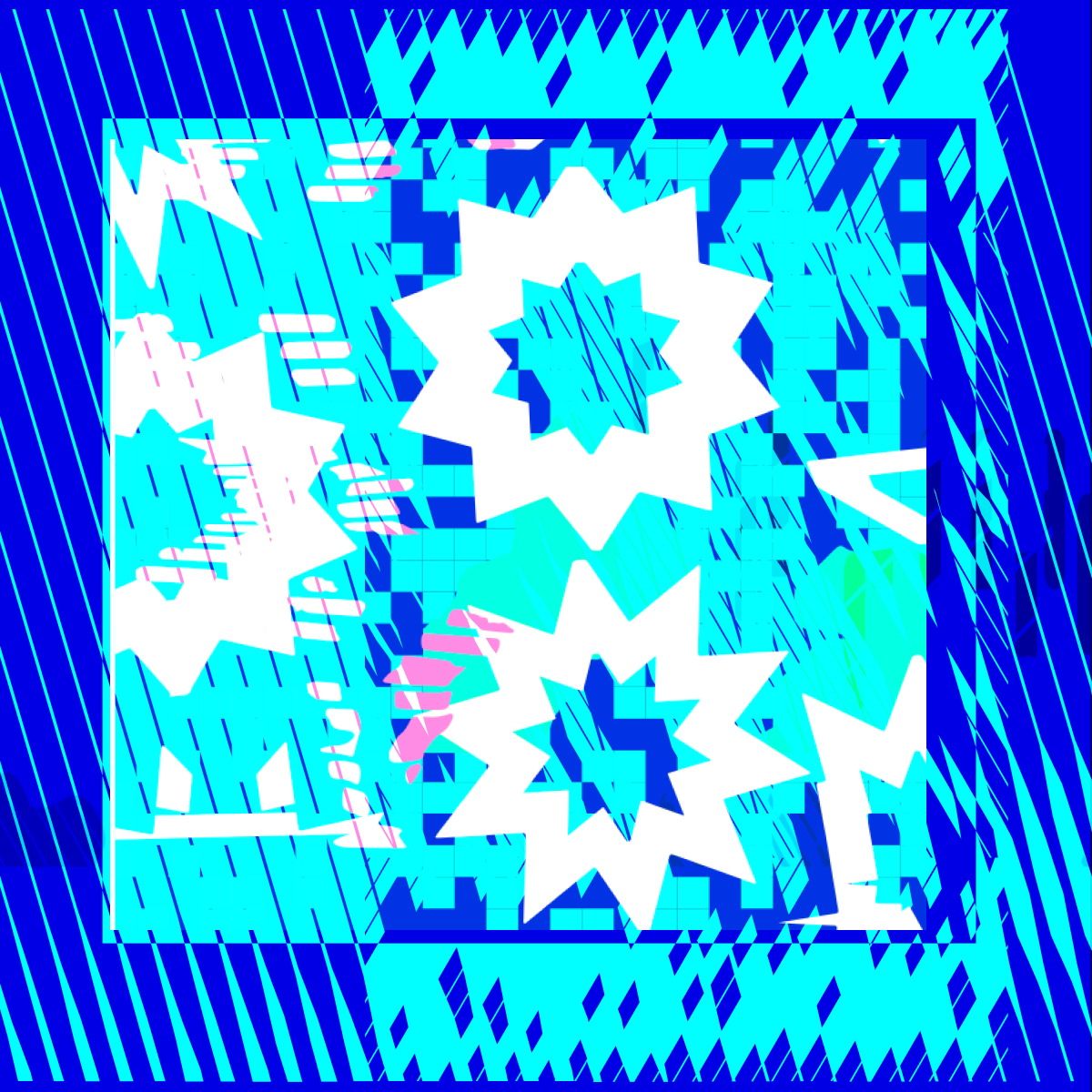 Abstract geometric artwork with cyan and blue diagonal patterns, overlapping white starbursts, and scattered pink accents.