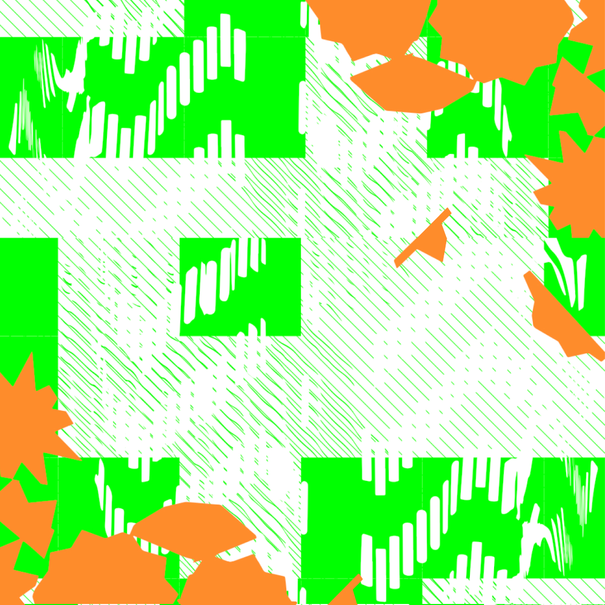 Abstract geometric collage of neon-green blocks, white diagonal hatching, orange polygonal shapes, and white rounded bar patterns.