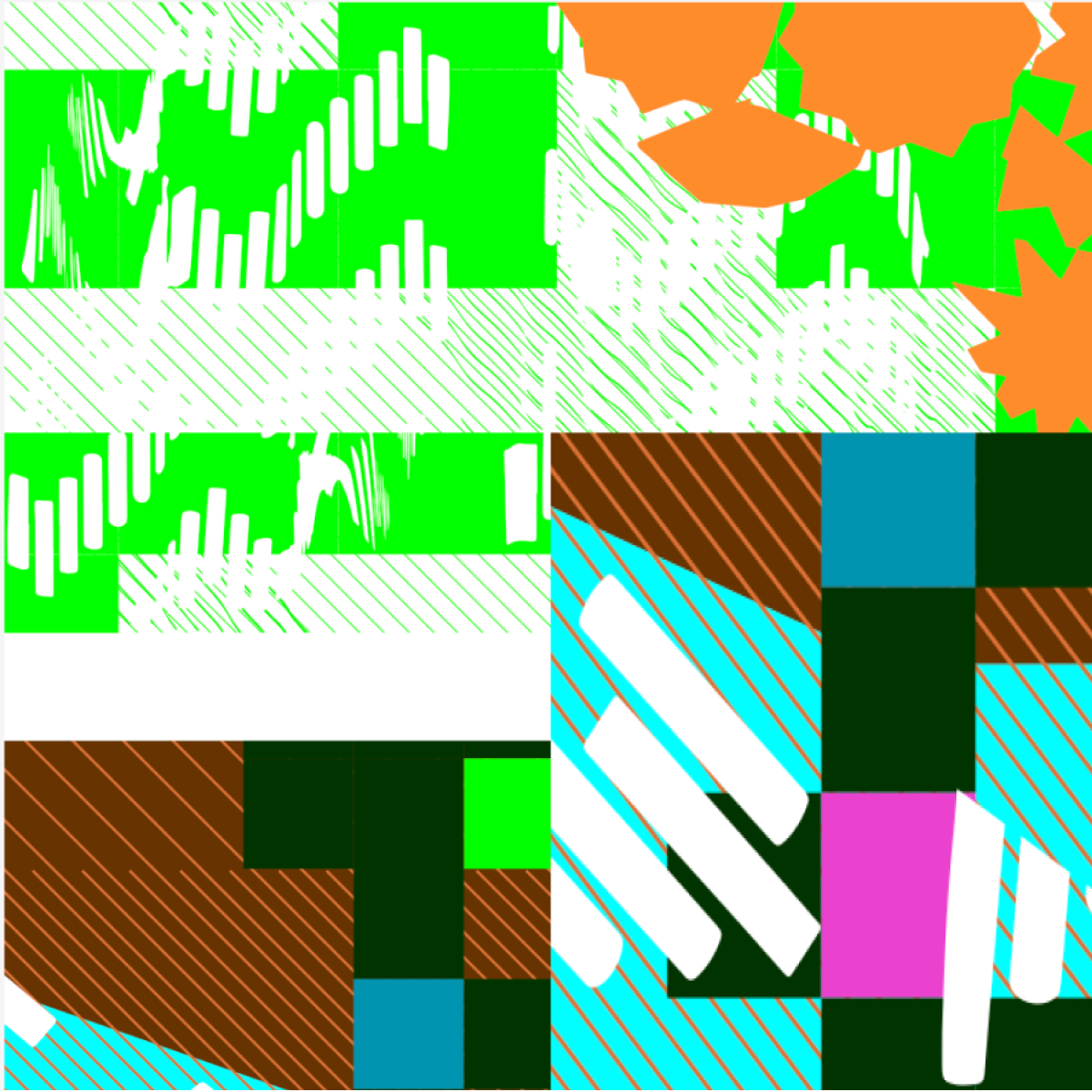 Abstract geometric collage of neon-green, orange, cyan, brown, dark-green, white, and magenta shapes with diagonal stripes and rounded bars.