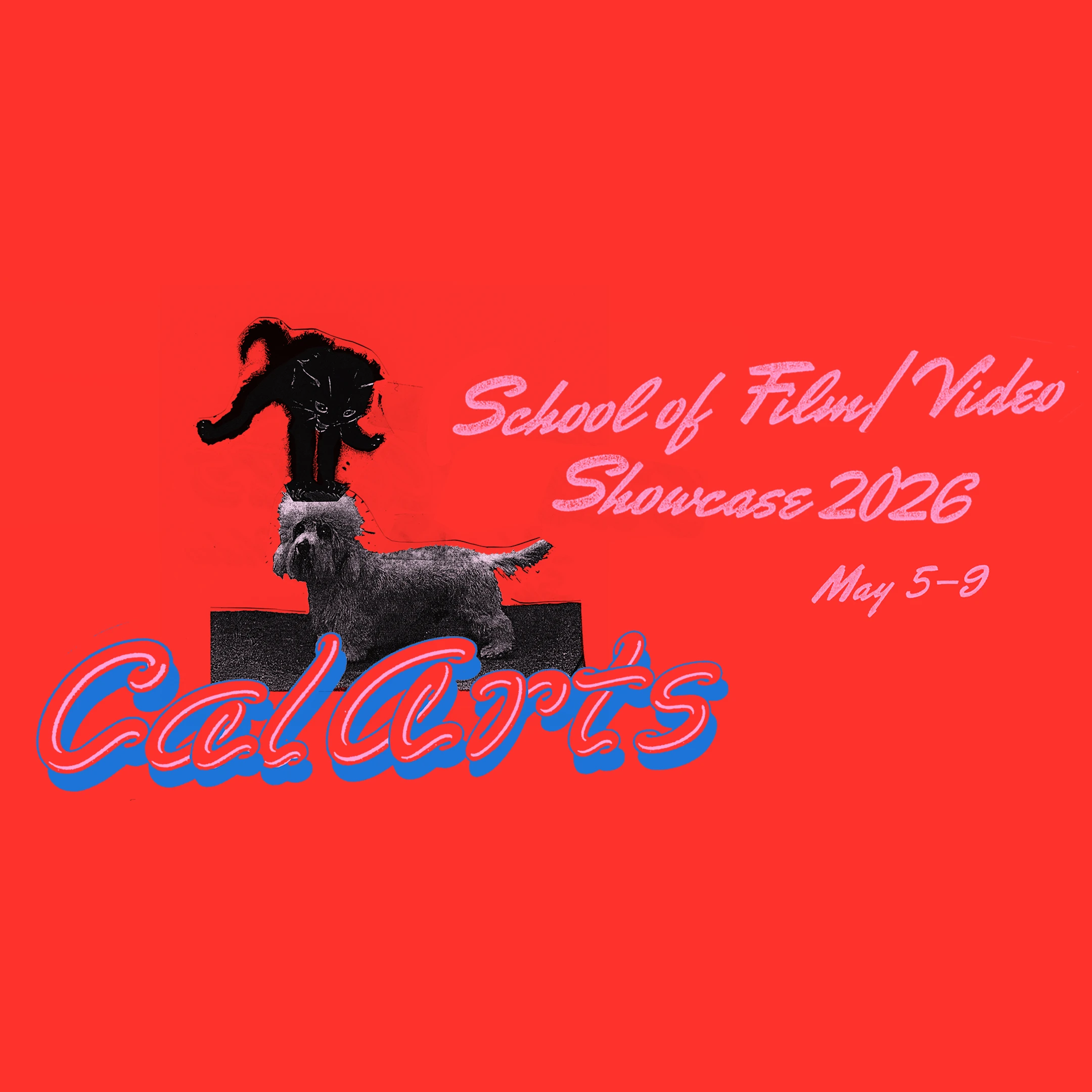 Red CalArts graphic advertising the School of Film/Video Showcase 2026, May 5–9, with layered animal figures and large “CalArts” lettering.