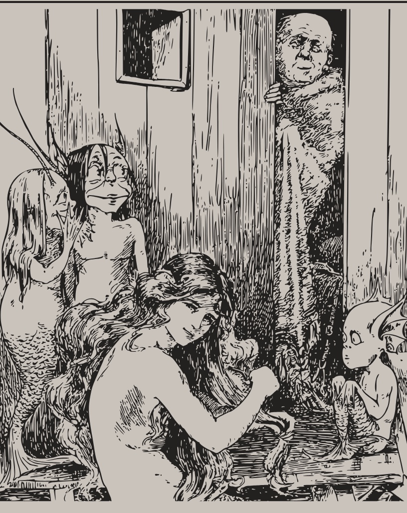 Monochrome woodcut-style scene of mermaid-like figures and a long-haired person interacting with a small creature while a shaggy humanoid peers from a doorway