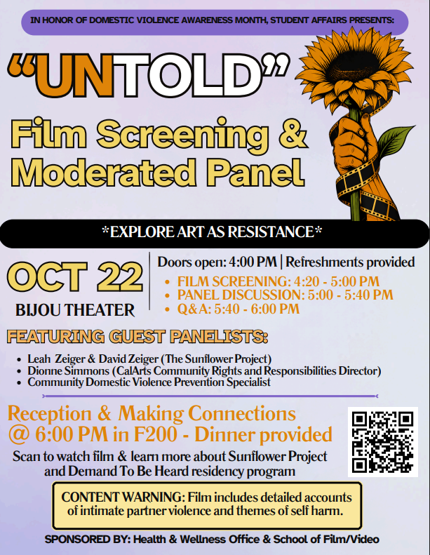 Event poster for the film “UNTOLD,” featuring a sunflower wrapped with film strip and details about a domestic violence awareness screening and panel on October 22.