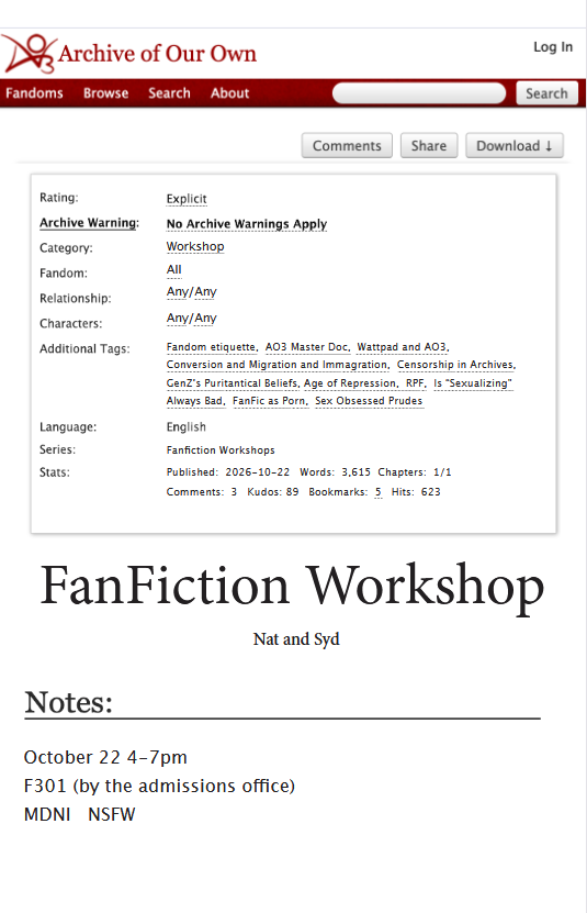Screenshot of an Archive of Our Own page for “FanFiction Workshop,” showing work metadata and notes for an October 22 event.