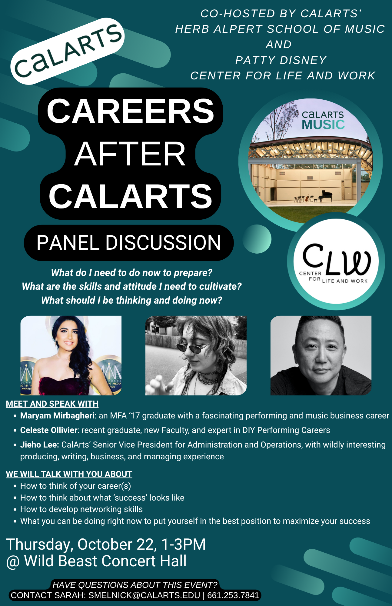 Event poster for the “Careers After CalArts” panel discussion on Thursday, October 22, from 1–3 PM at Wild Beast Concert Hall, featuring three panelists and career advice for CalArts students.