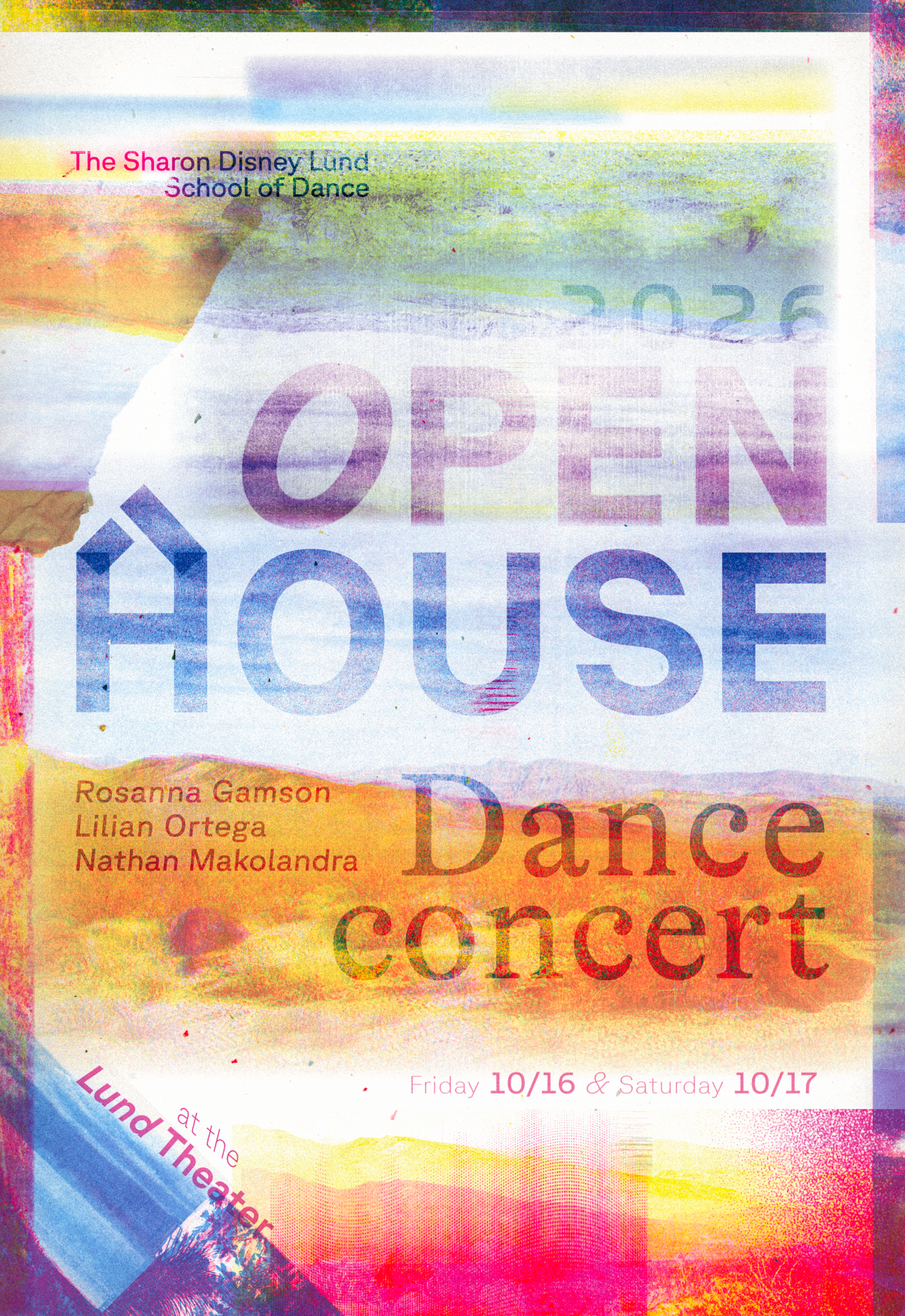 Colorful poster for The Sharon Disney Lund School of Dance’s Open House dance concert, featuring performer names and dates Friday 10/16 and Saturday 10/17.