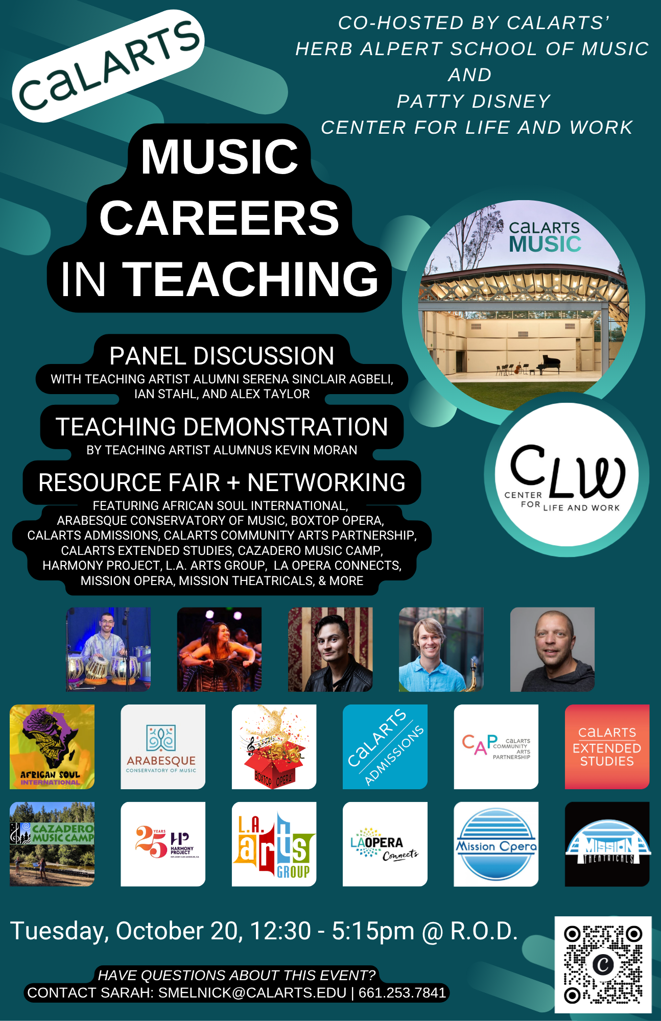 Promotional poster for “Music Careers in Teaching,” featuring panel discussions, a teaching demonstration, a resource fair, partner logos, event details, and a QR code.