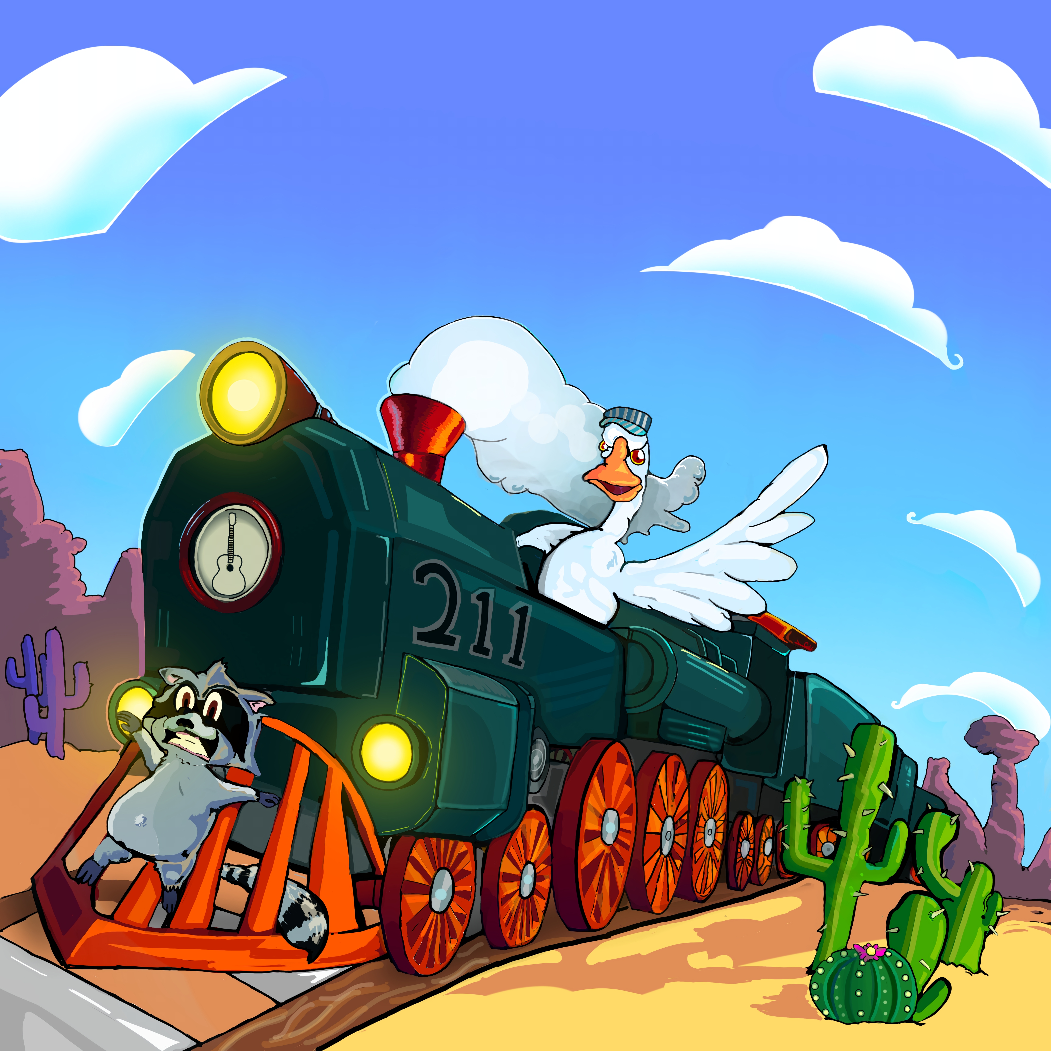 Cartoon steam train numbered 211 crossing a desert, with a duck leaning from the engine and a cat riding in the front carriage.