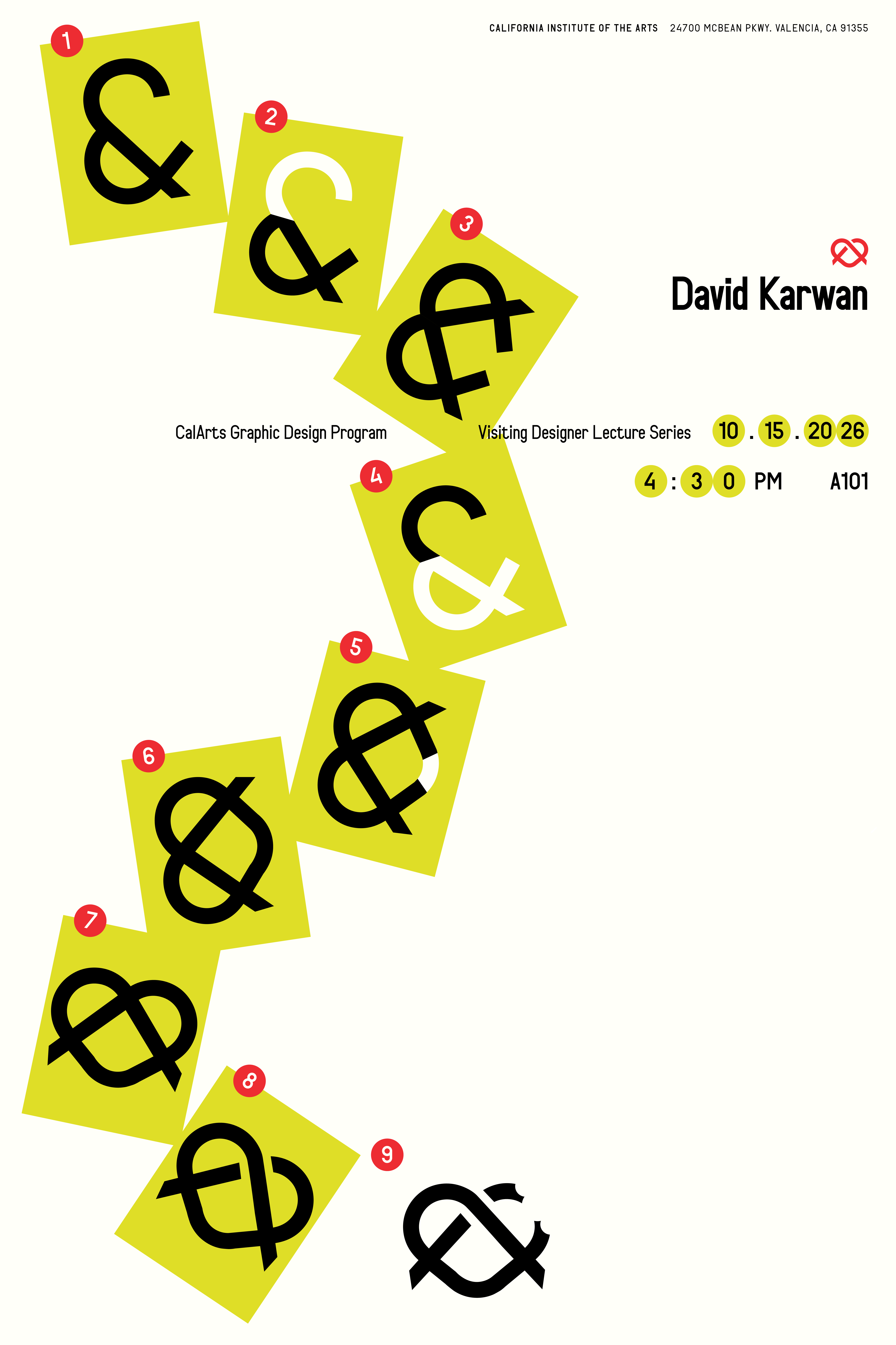Event poster for David Karwan’s visiting designer lecture at CalArts on October 15, 2026, at 4:30 PM in A101, featuring a diagonal sequence of numbered chartreuse squares with abstract black-and-white symbols.