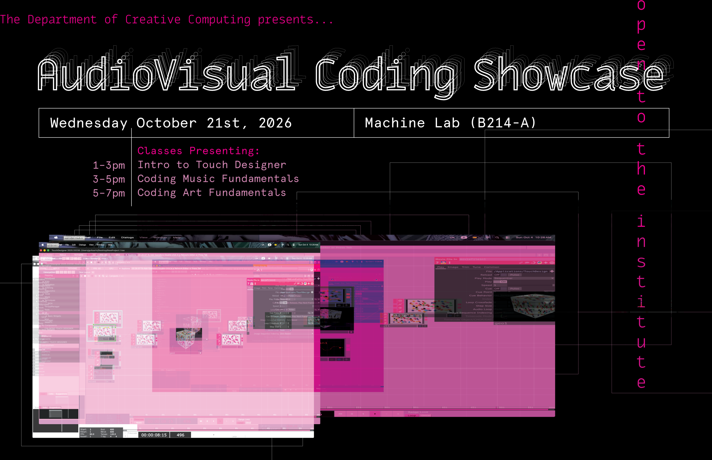 Promotional poster for an Audiovisual Coding Showcase featuring the date, location, class schedule, and a collage of pink software-interface screenshots.