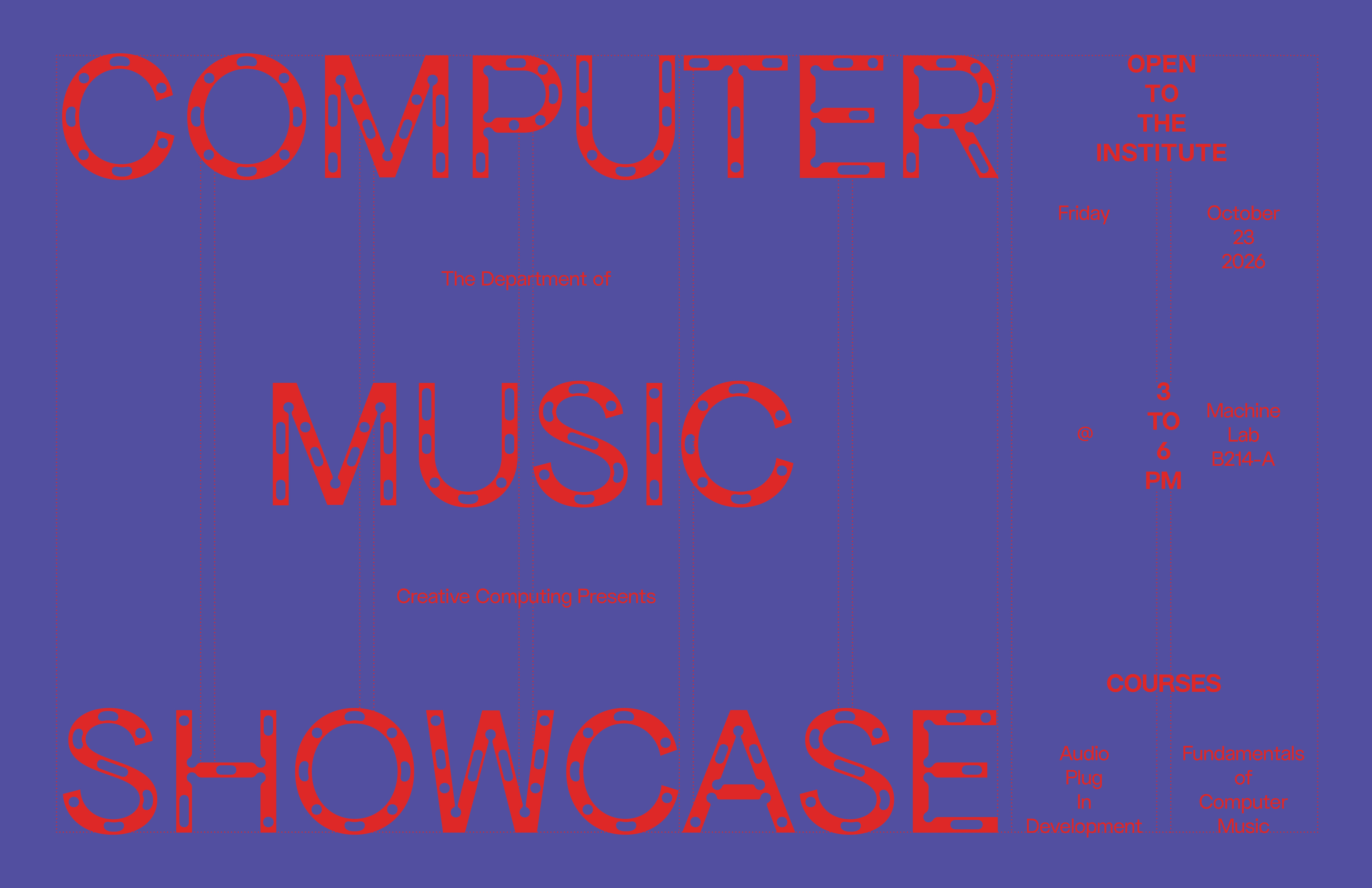 Purple-and-red poster for a Computer Music Showcase, presented by Creative Computing, with event details and featured courses.