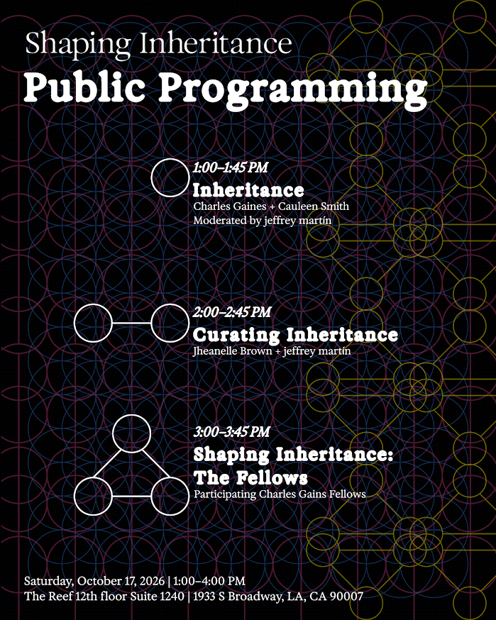 Promotional poster for “Shaping Inheritance: Public Programming,” listing three sessions on Saturday, October 17, 2026, over a colorful geometric background.