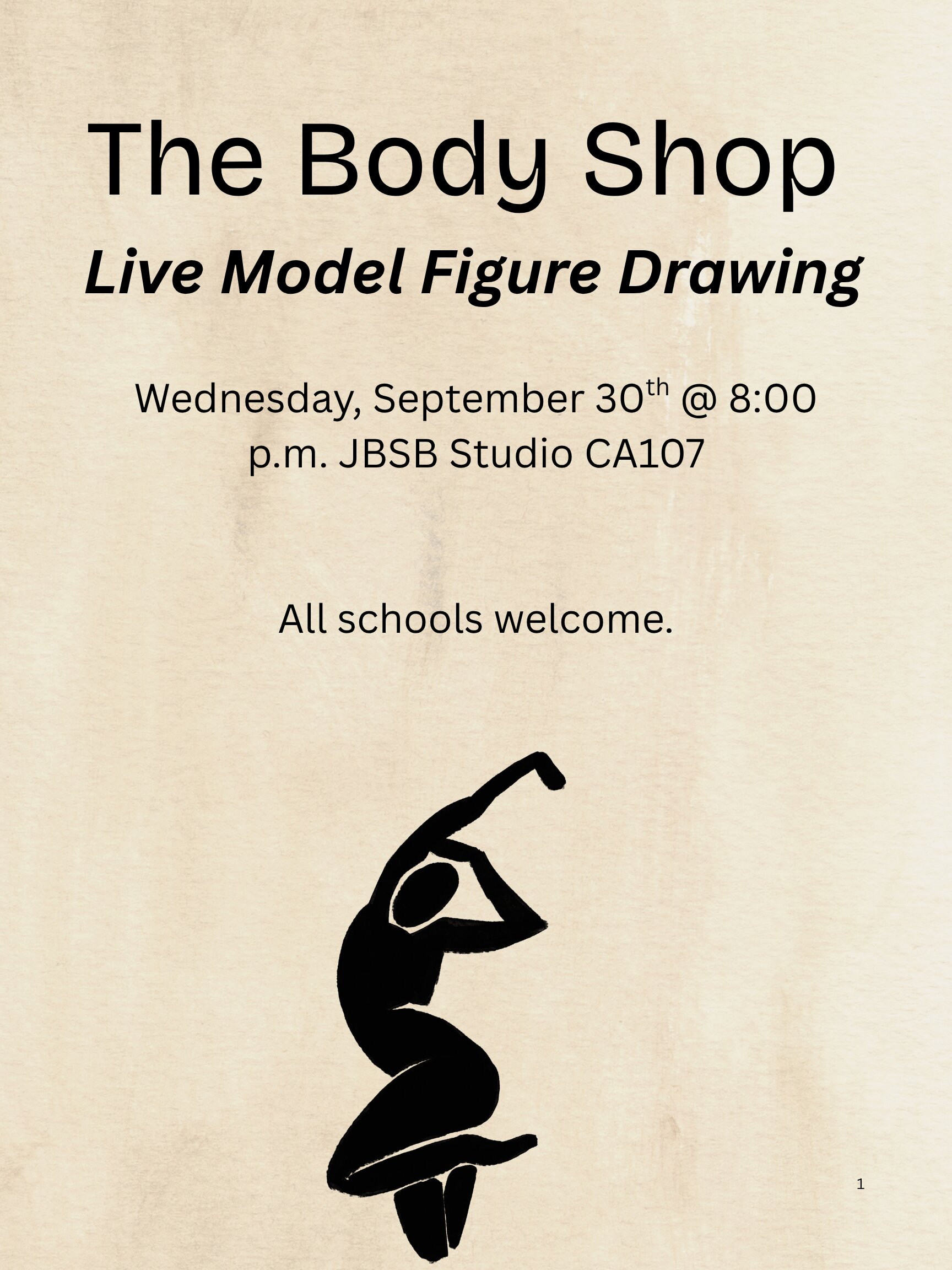 Event poster for “The Body Shop: Live Model Figure Drawing,” held Wednesday, September 30th, at 8:00 p.m. in JSB Studio CA107, with a black seated-figure silhouette on a beige background.