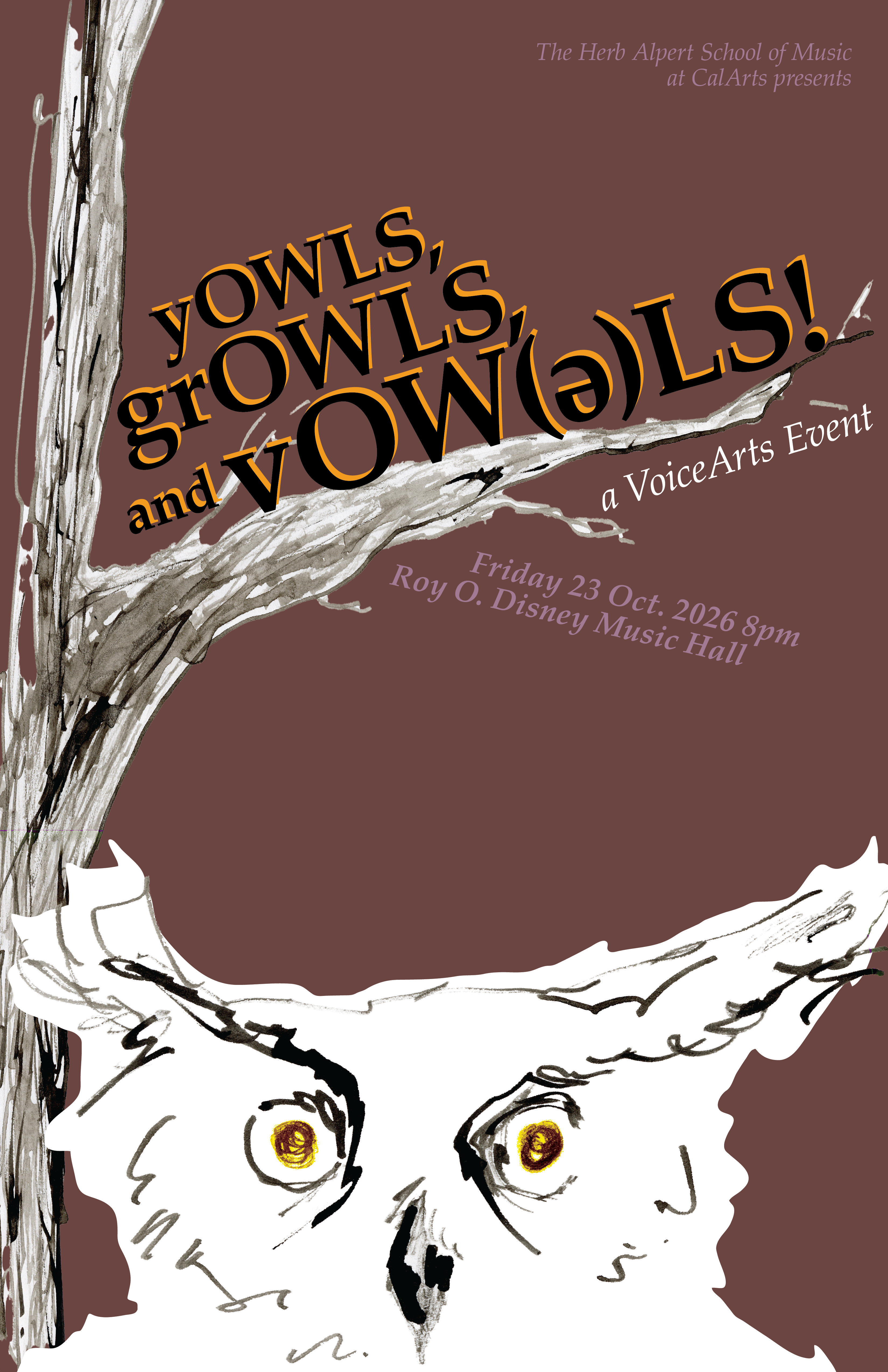 Illustrated poster featuring a wide-eyed owl on a tree branch with the text “YOWLS, growls, and VOWELS!” for a VoiceArts event.