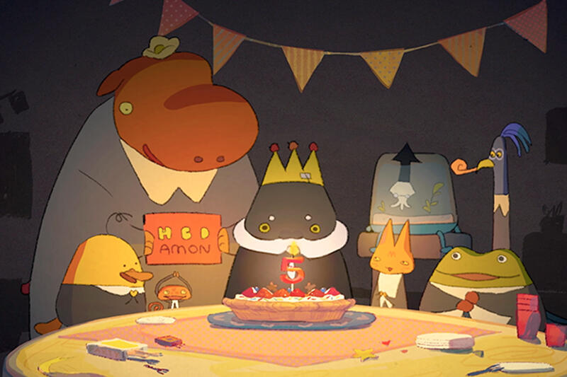 Anthropomorphic animals celebrating a birthday with a pie and a candle shaped like the number five.