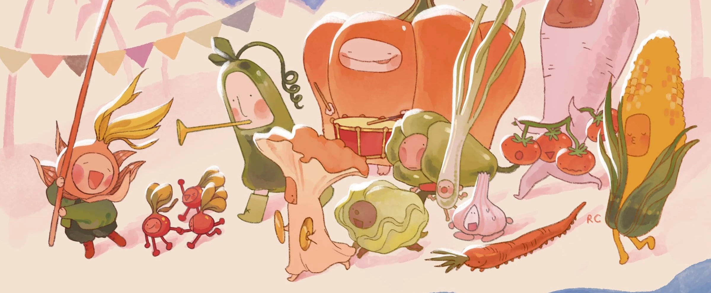 Characters with human-like features in a festive setting with colorful banners and an orange flag in the background.