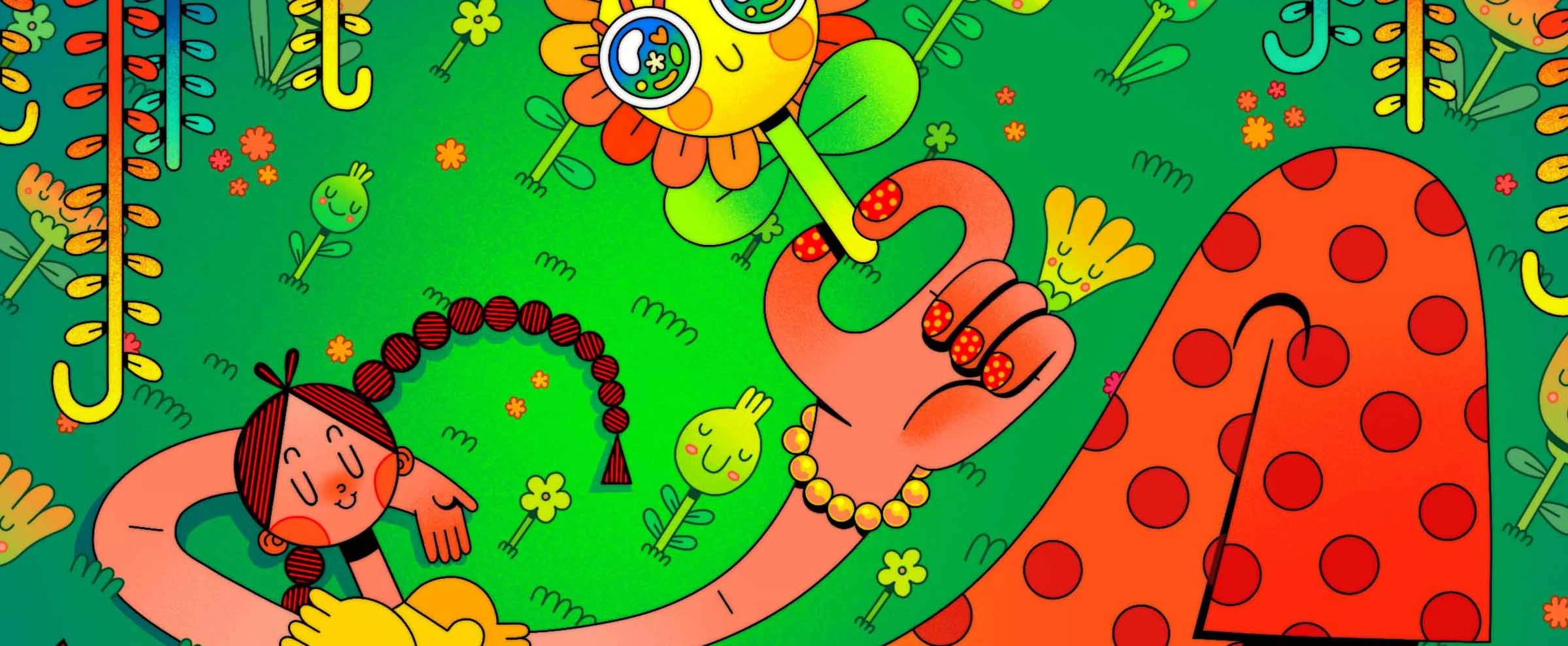 Colorful illustration of a cartoon flower and reclining character surrounded by smiling plants.