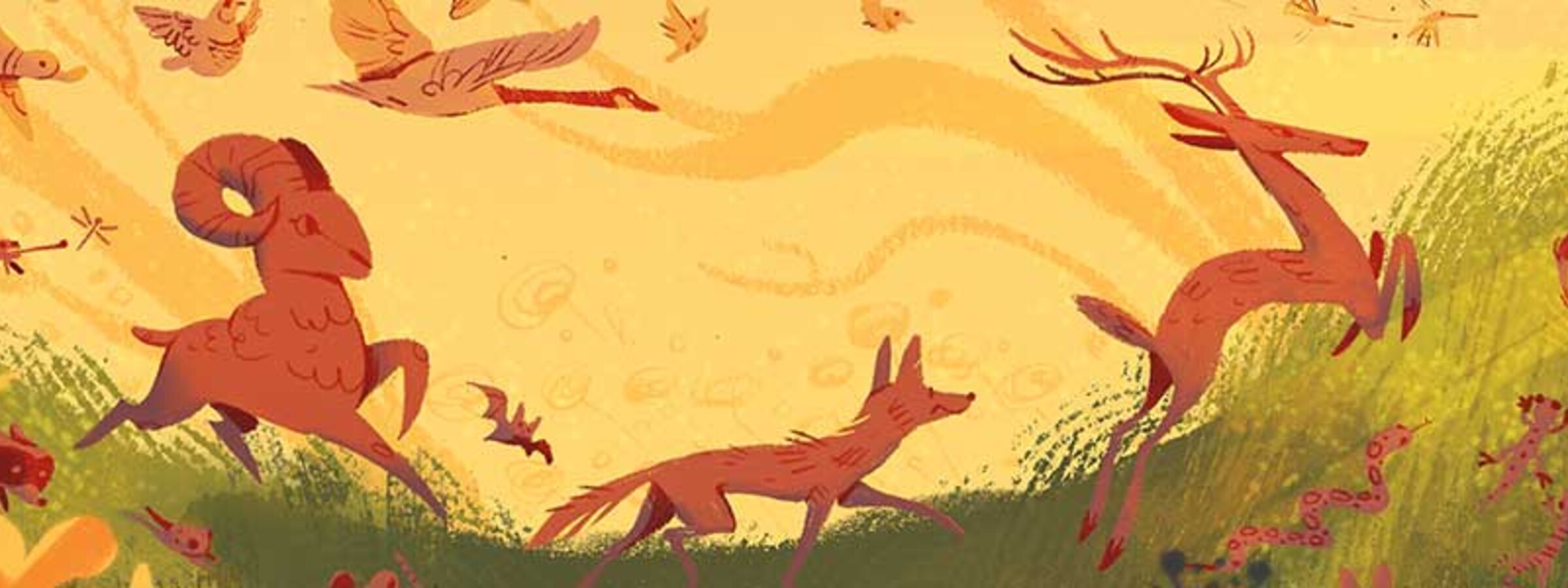 cartoon animals frolicking in field