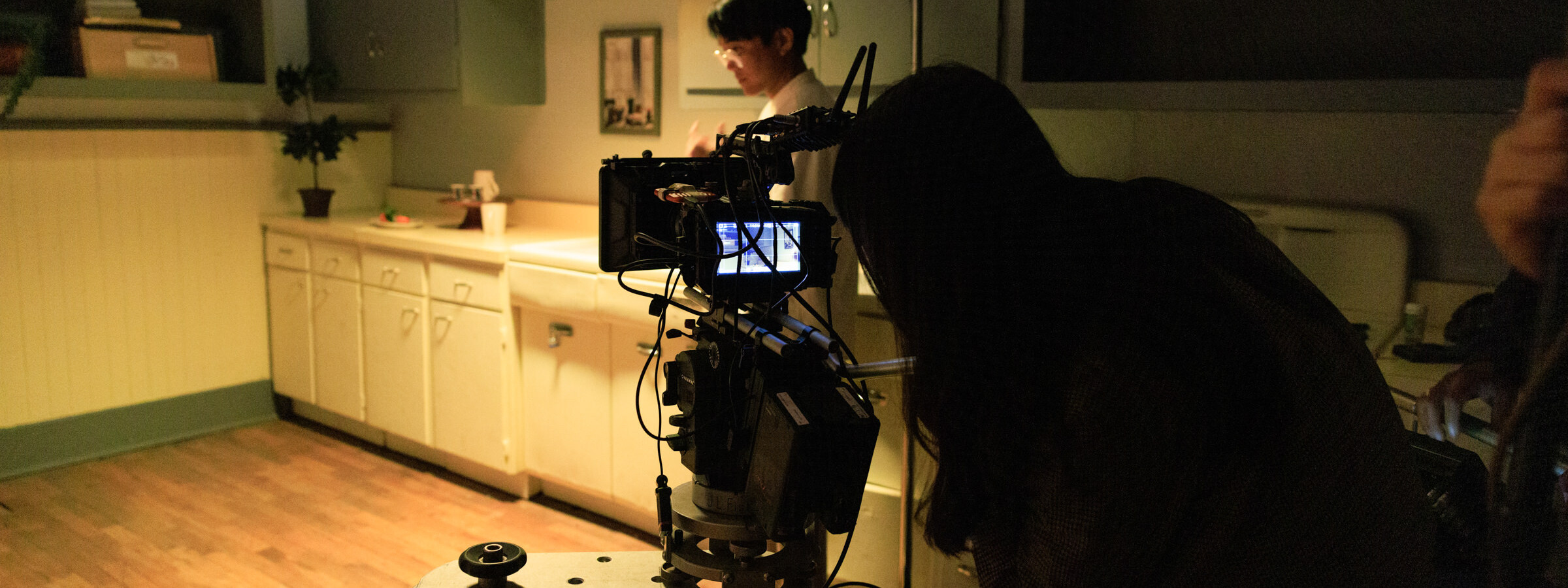 A dark figure in the forground peers at a camera screen. The camera is pointed at a brightly lit kitchen. 