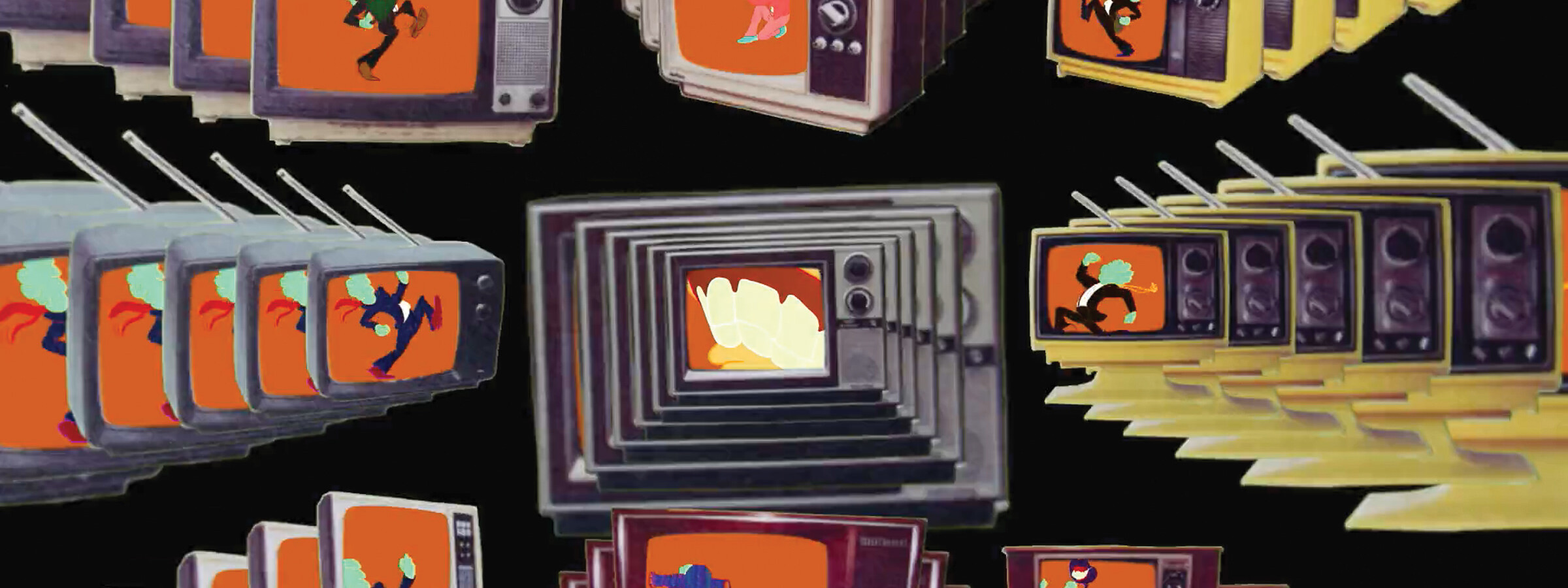 Illustration of vintage TV sets in motion on a black background