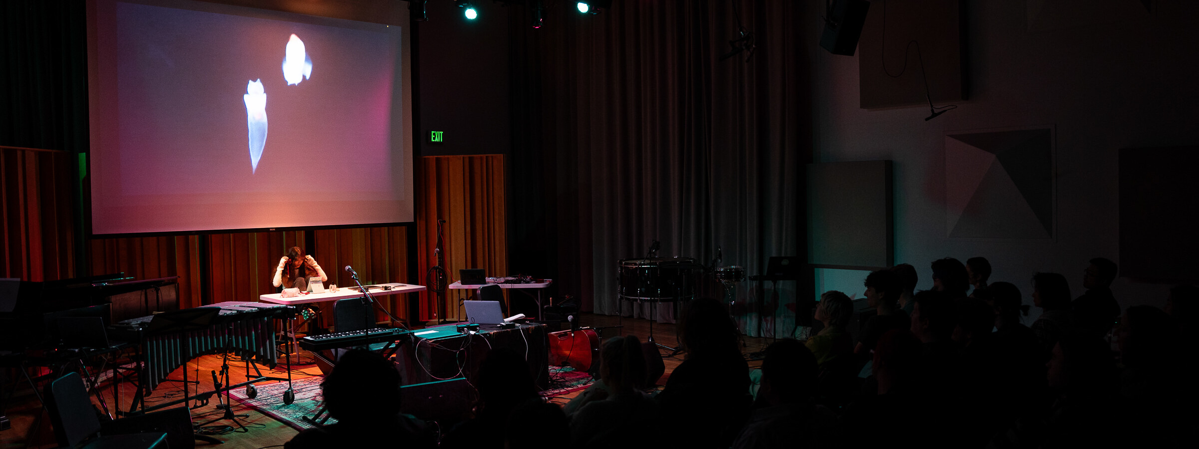 A lone person sits at a table on a stage surrounded by musical instruments and technology, a screen projection behind her. A small audience watches.