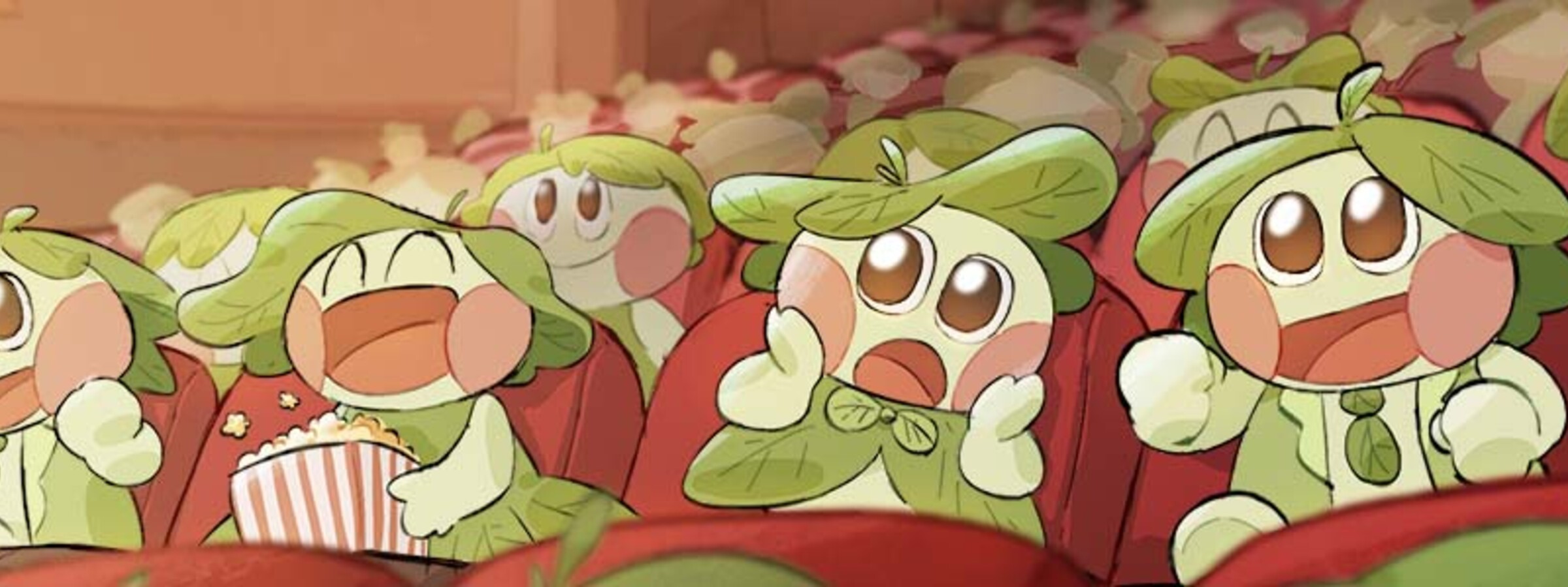 Animated leaf-like characters in a theater, reacting emotionally to a movie.