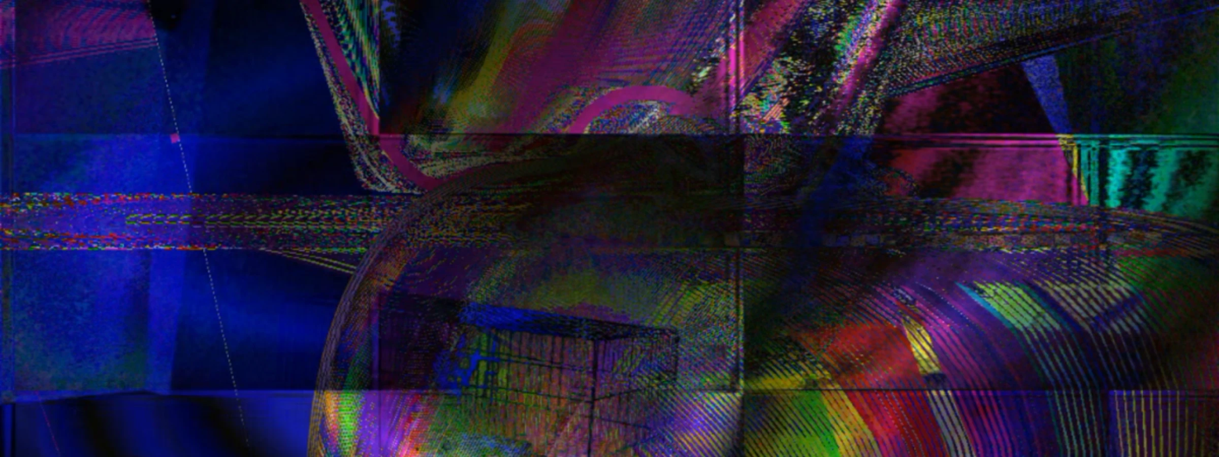 An abstract assortment of sweeping lines and forms in electric colors of blue, pink, red, yellow, and green that appears to be made of light.